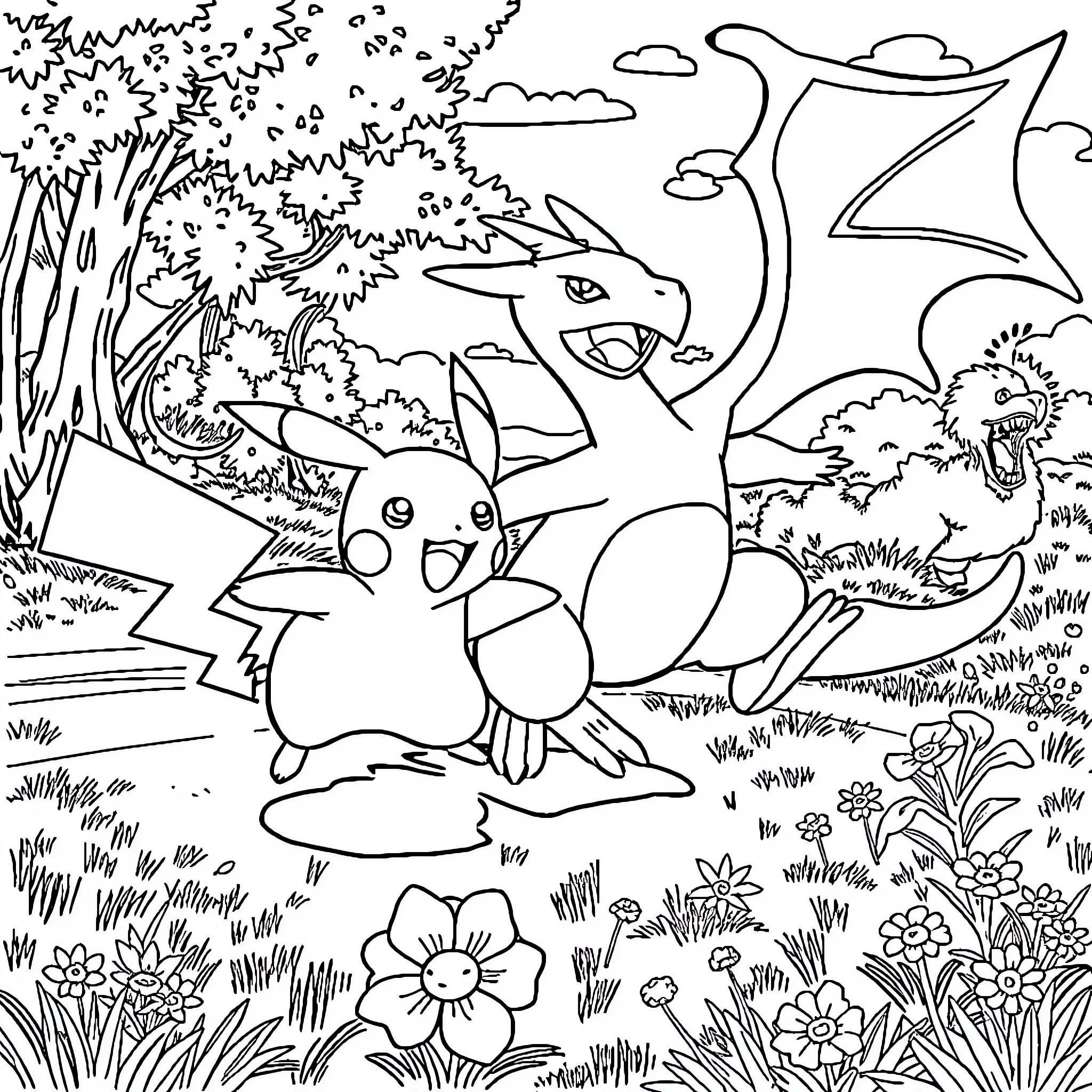 Pikachu playing in the fantastical forest Coloring Page (free black-and-white line drawing printable PDF for all, from beginners to advanced learners, including children, teens, adults, and seniors)