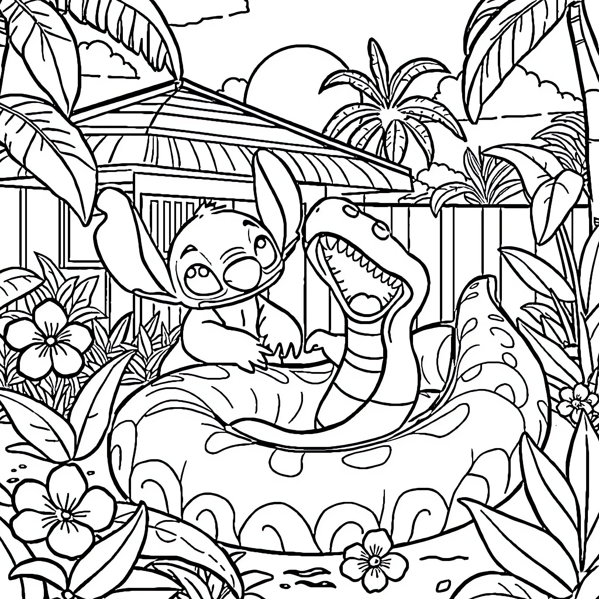 Lilo playing with friendly creatures in a tropical paradise Coloring Page (free black-and-white line drawing printable PDF for all, from beginners to advanced learners, including children, teens, adults, and seniors)