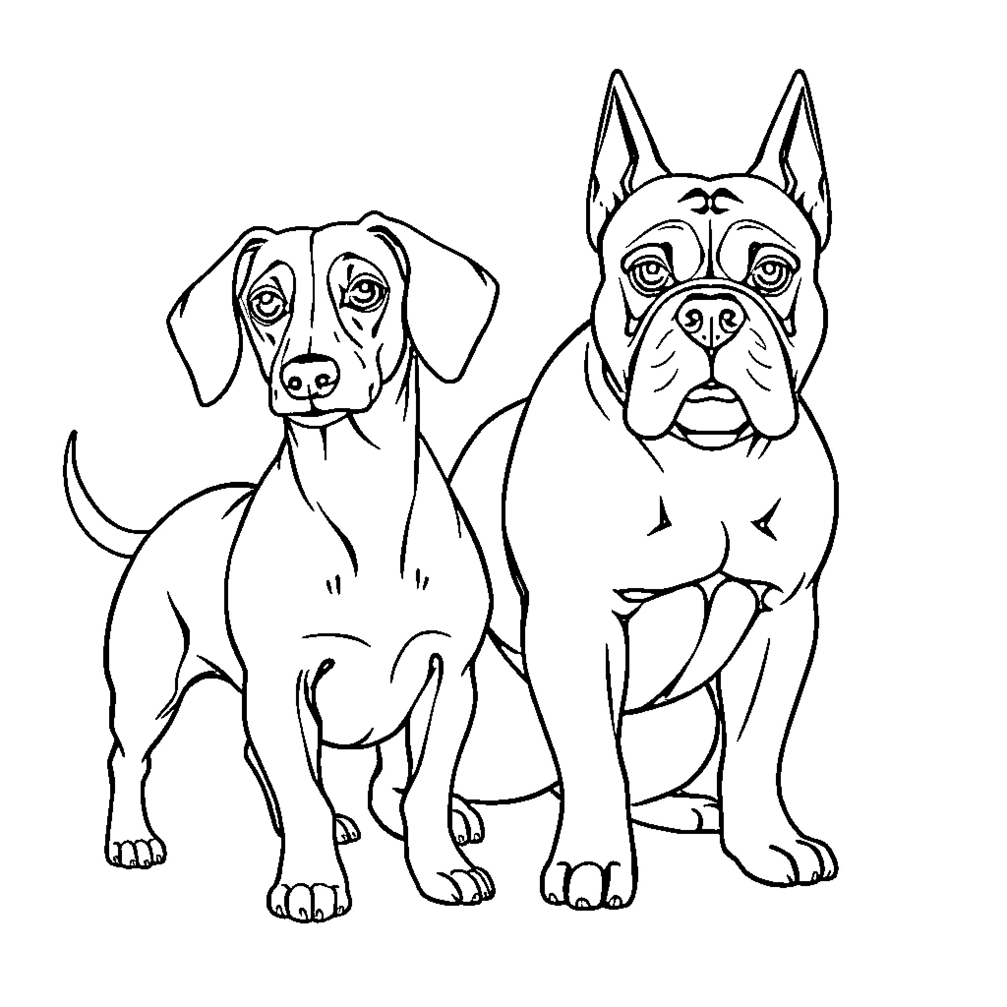 Dog Duo: Playful Pups in Contrasting Poses Coloring Page (free black-and-white line drawing printable PDF for all, from beginners to advanced learners, including children, teens, adults, and seniors)