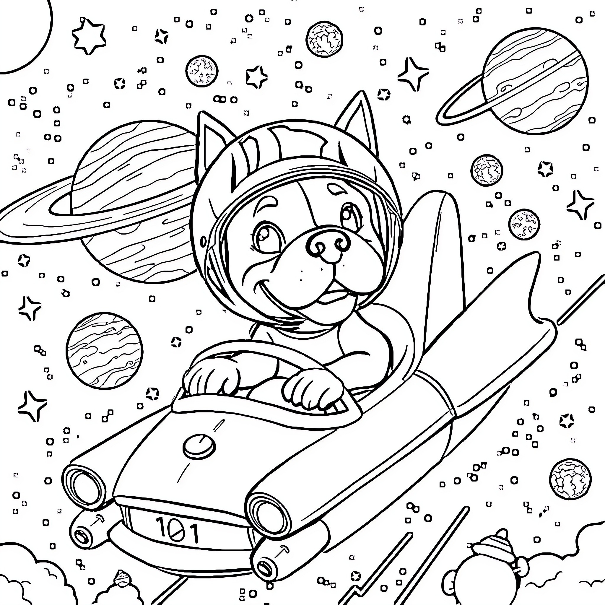Pitbull pilot adventures in outer space Coloring Page (free black-and-white line drawing printable PDF for all, from beginners to advanced learners, including children, teens, adults, and seniors)