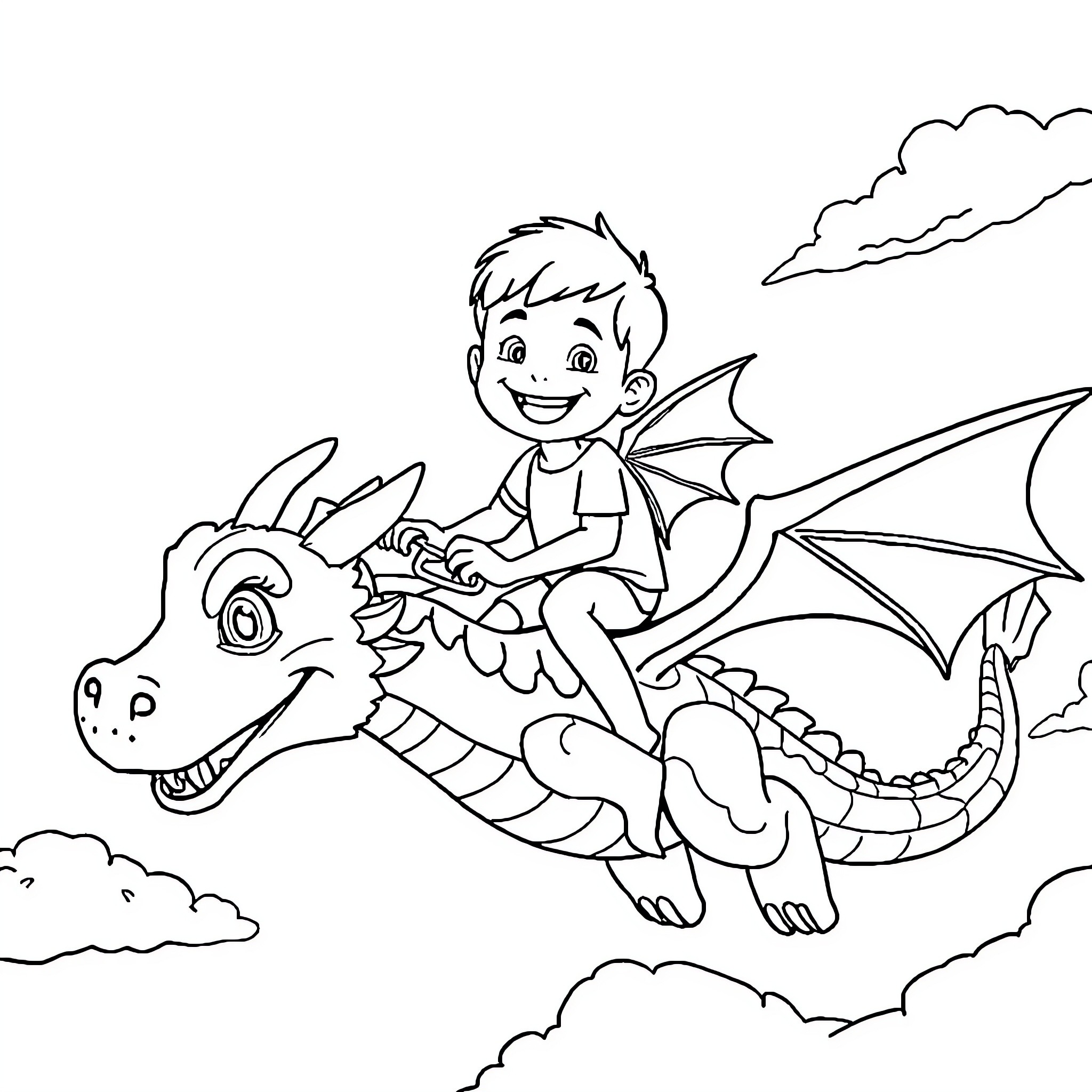 Boy riding a magical dragon in the sky Coloring Page (free black-and-white line drawing printable PDF for all, from beginners to advanced learners, including children, teens, adults, and seniors)
