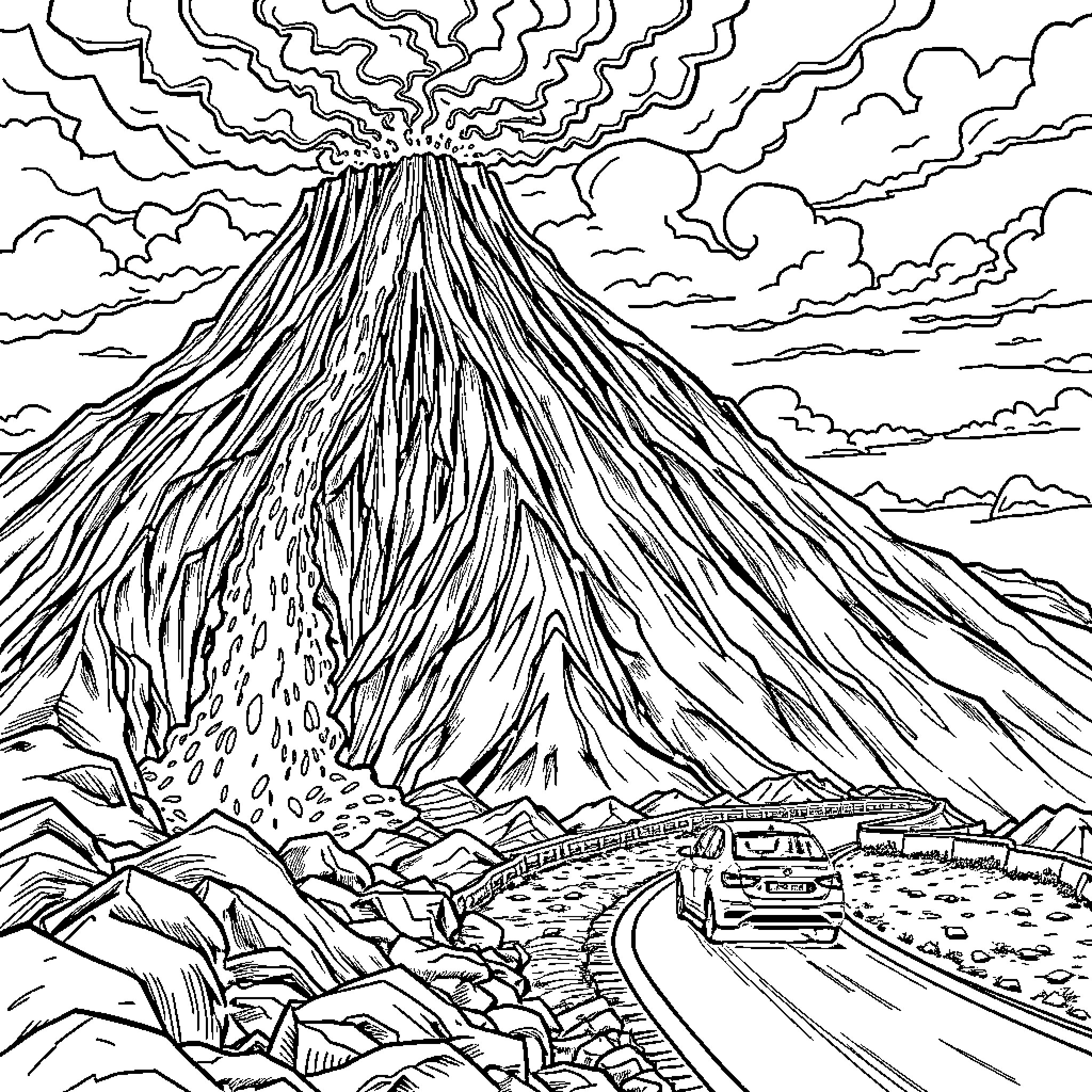 Volcano erupting majestically in the night sky Coloring Page (free black-and-white line drawing printable PDF for all, from beginners to advanced learners, including children, teens, adults, and seniors)
