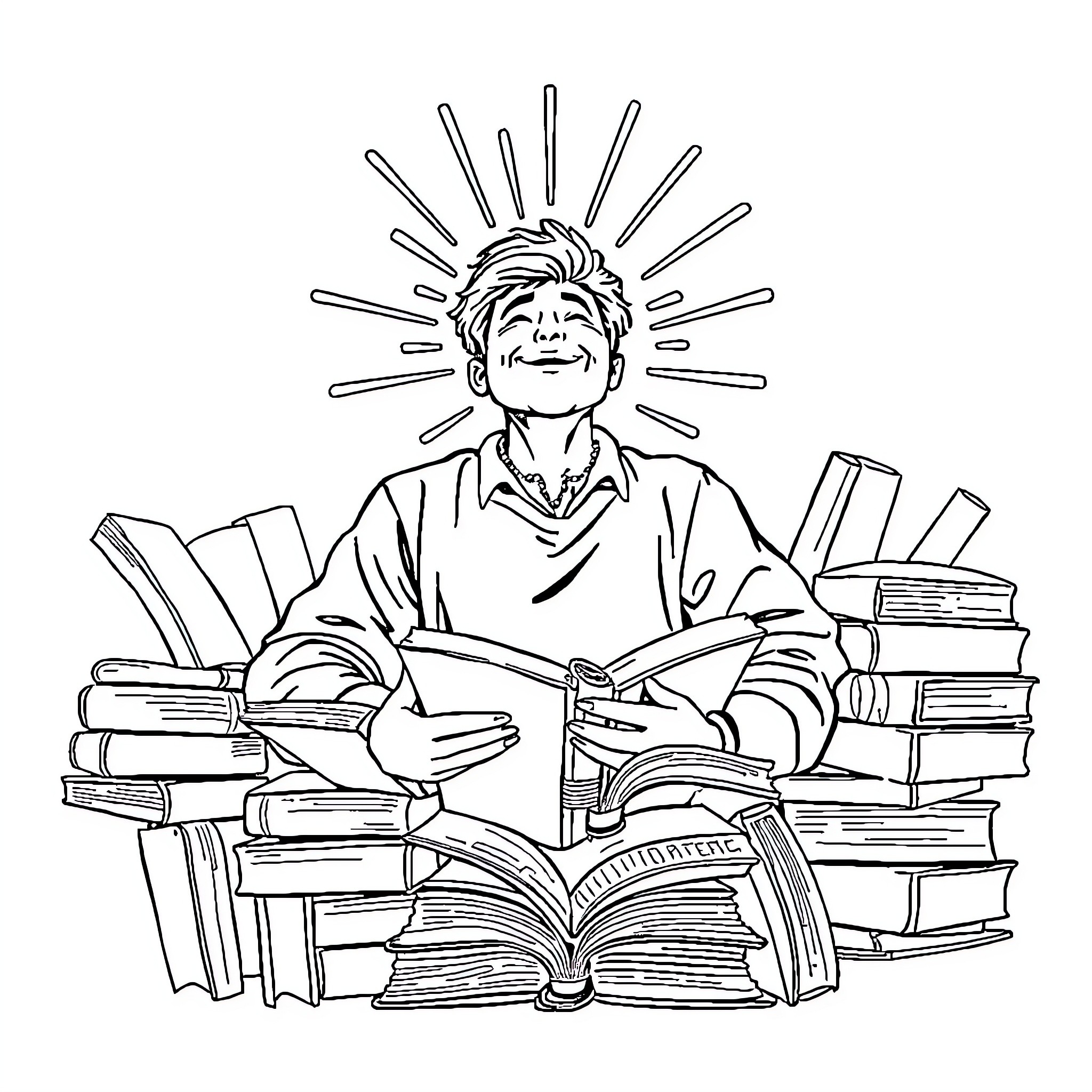 Person surrounded by books enjoying reading Coloring Page (free black-and-white line drawing printable PDF for all, from beginners to advanced learners, including children, teens, adults, and seniors)