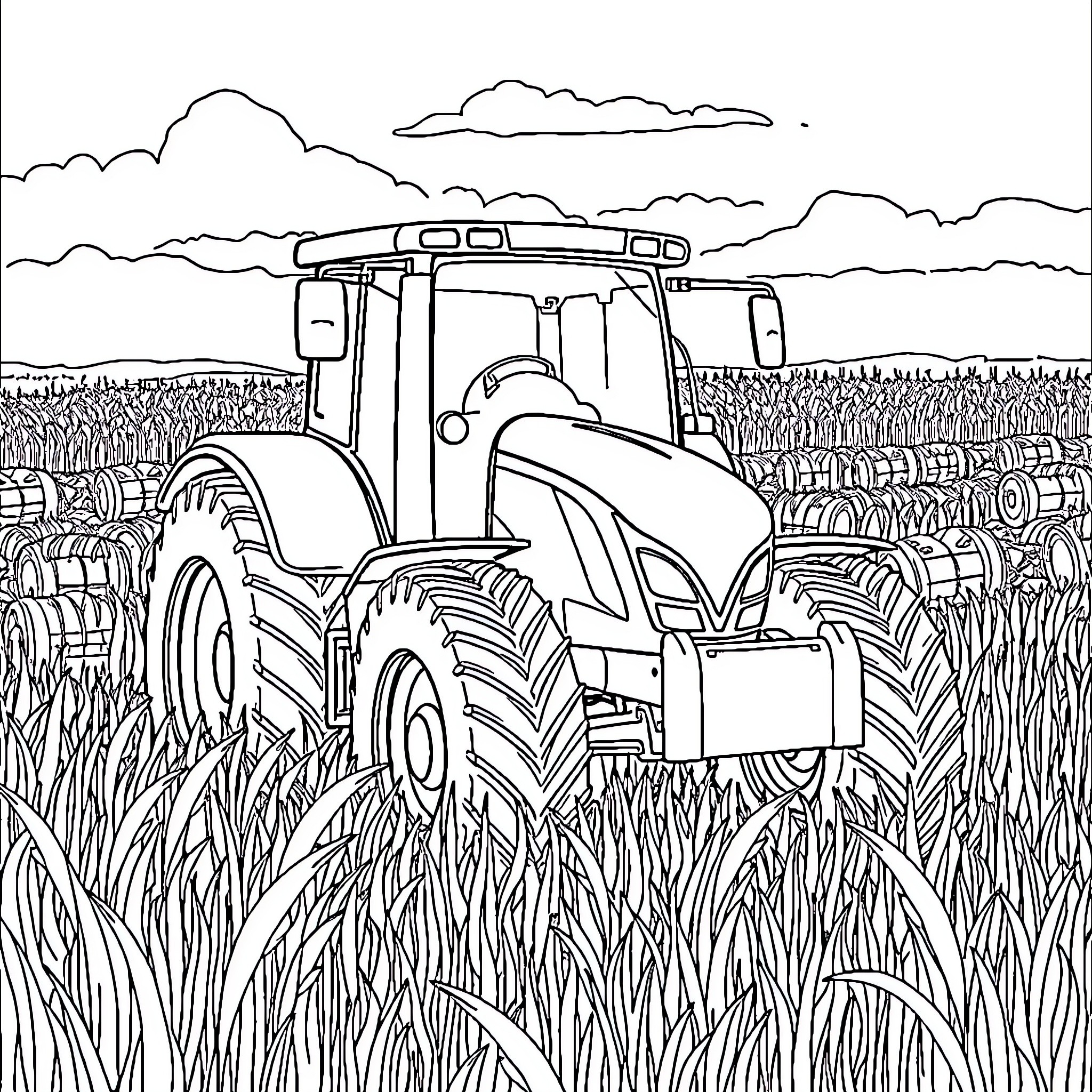 Tractor plowing through tall grass field Coloring Page (free black-and-white line drawing printable PDF for all, from beginners to advanced learners, including children, teens, adults, and seniors)
