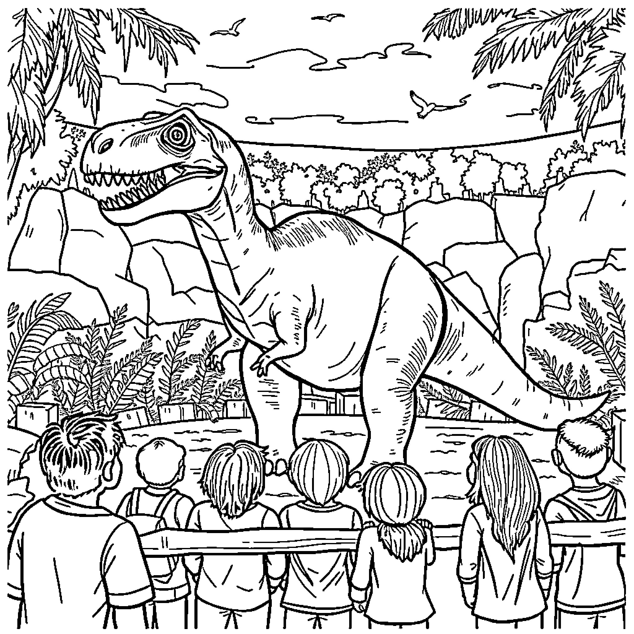 Dinosaur exhibit at the museum entertains visitors Coloring Page (free black-and-white line drawing printable PDF for all, from beginners to advanced learners, including children, teens, adults, and seniors)