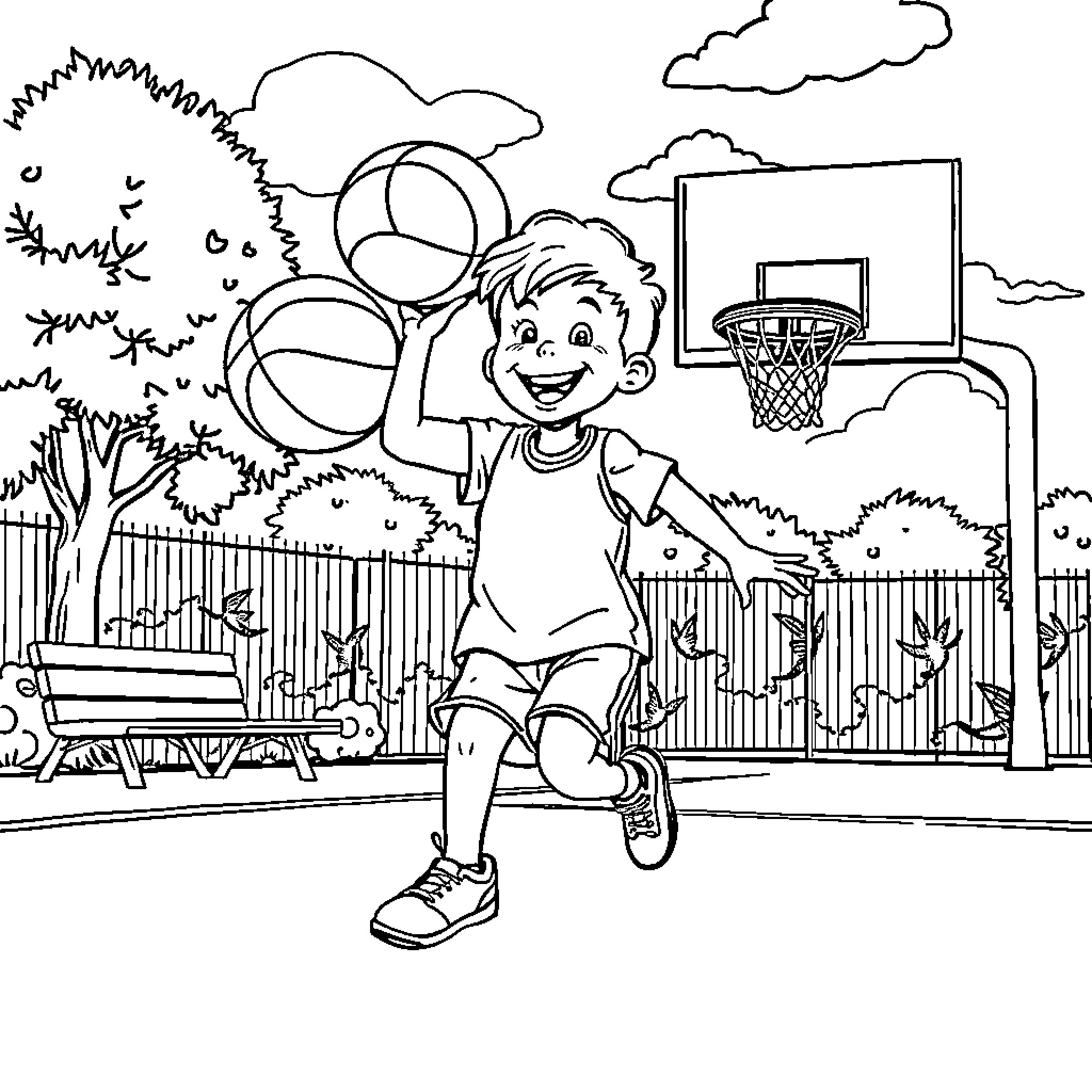 Child playing basketball happily on outdoor court Coloring Page (free black-and-white line drawing printable PDF for all, from beginners to advanced learners, including children, teens, adults, and seniors)