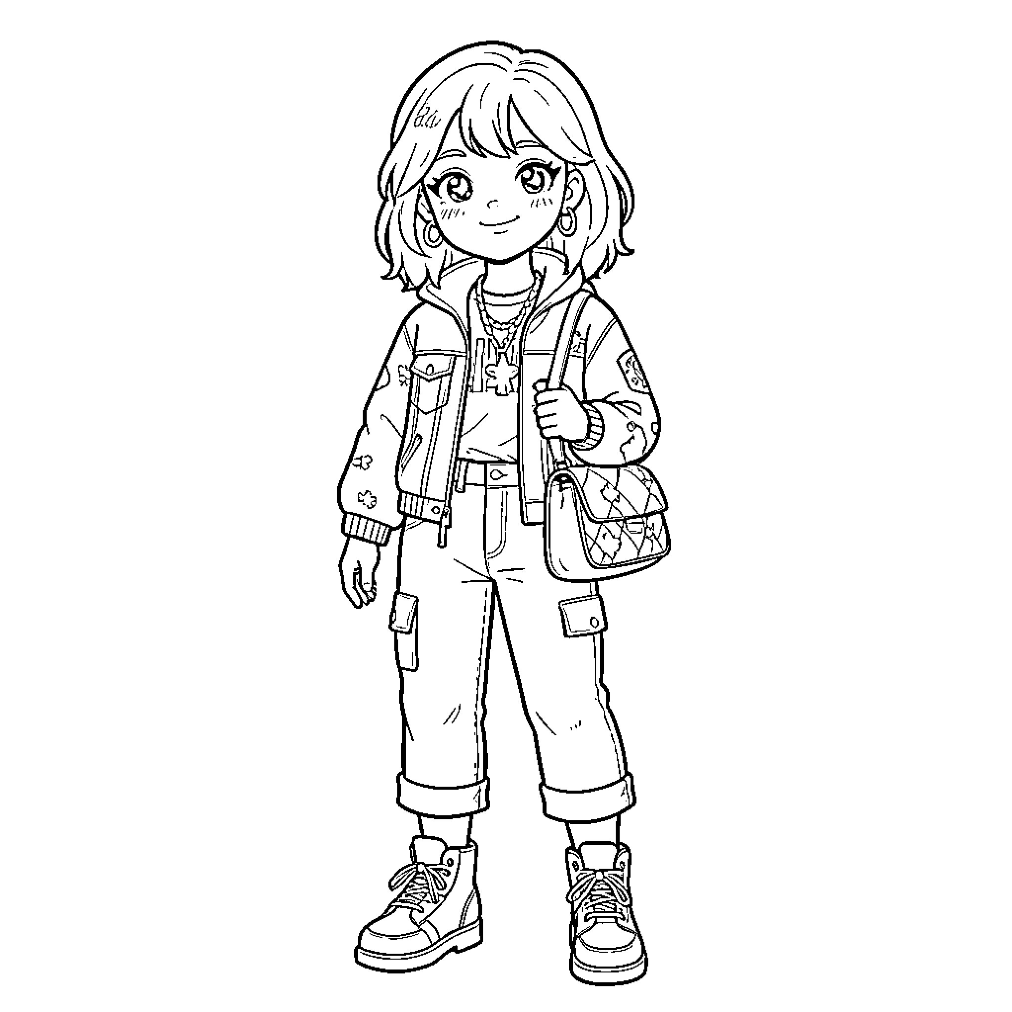 Fashionable girl posing in trendy casual streetwear Coloring Page (free black-and-white line drawing printable PDF for all, from beginners to advanced learners, including children, teens, adults, and seniors)