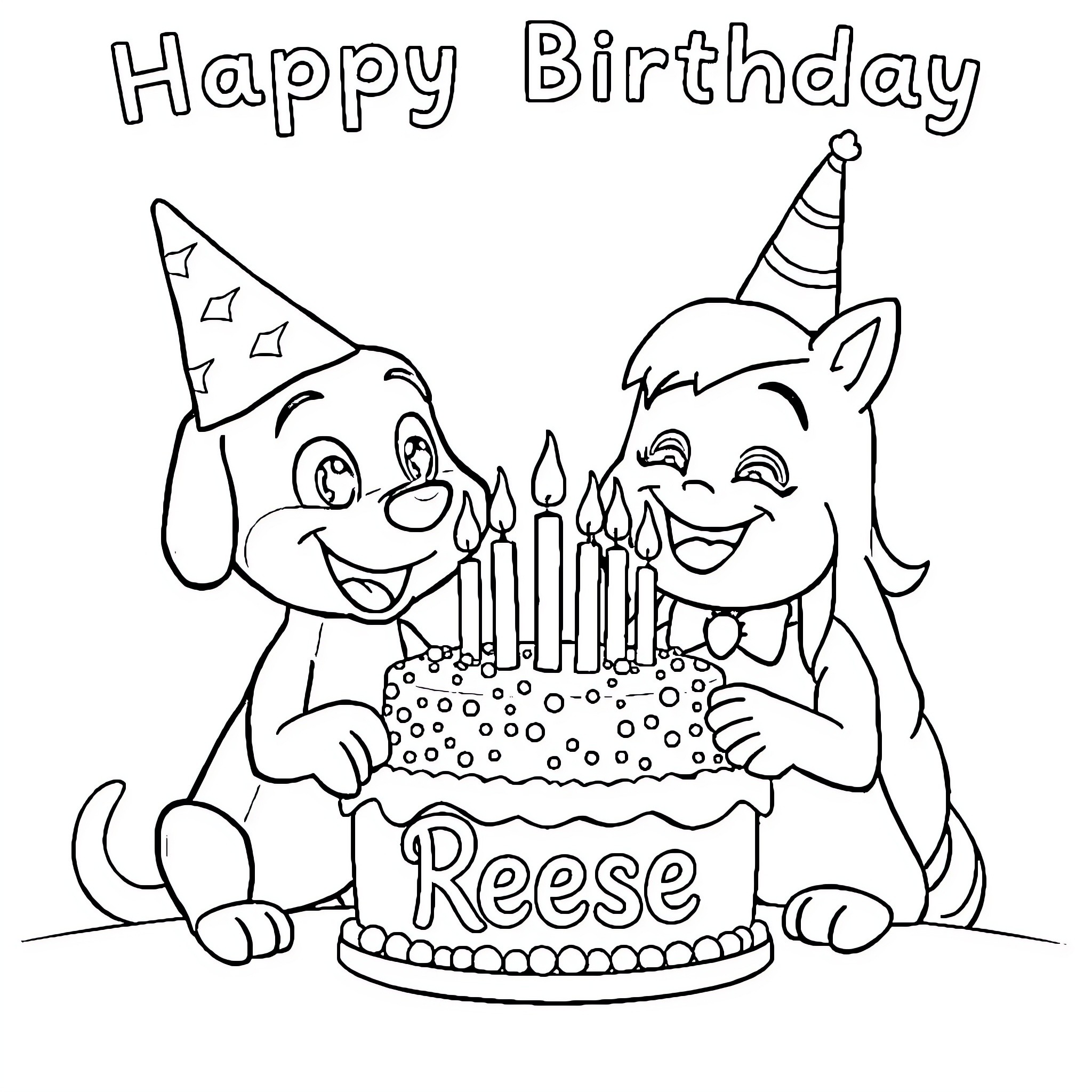 Bluey celebrating Reese's birthday with a cake Coloring Page (free black-and-white line drawing printable PDF for all, from beginners to advanced learners, including children, teens, adults, and seniors)