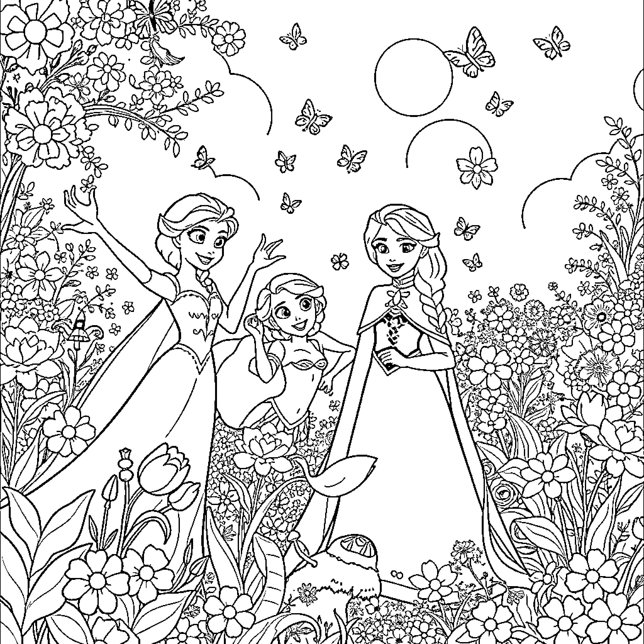 Elsa and Anna enjoying a magical garden Coloring Page (free black-and-white line drawing printable PDF for all, from beginners to advanced learners, including children, teens, adults, and seniors)