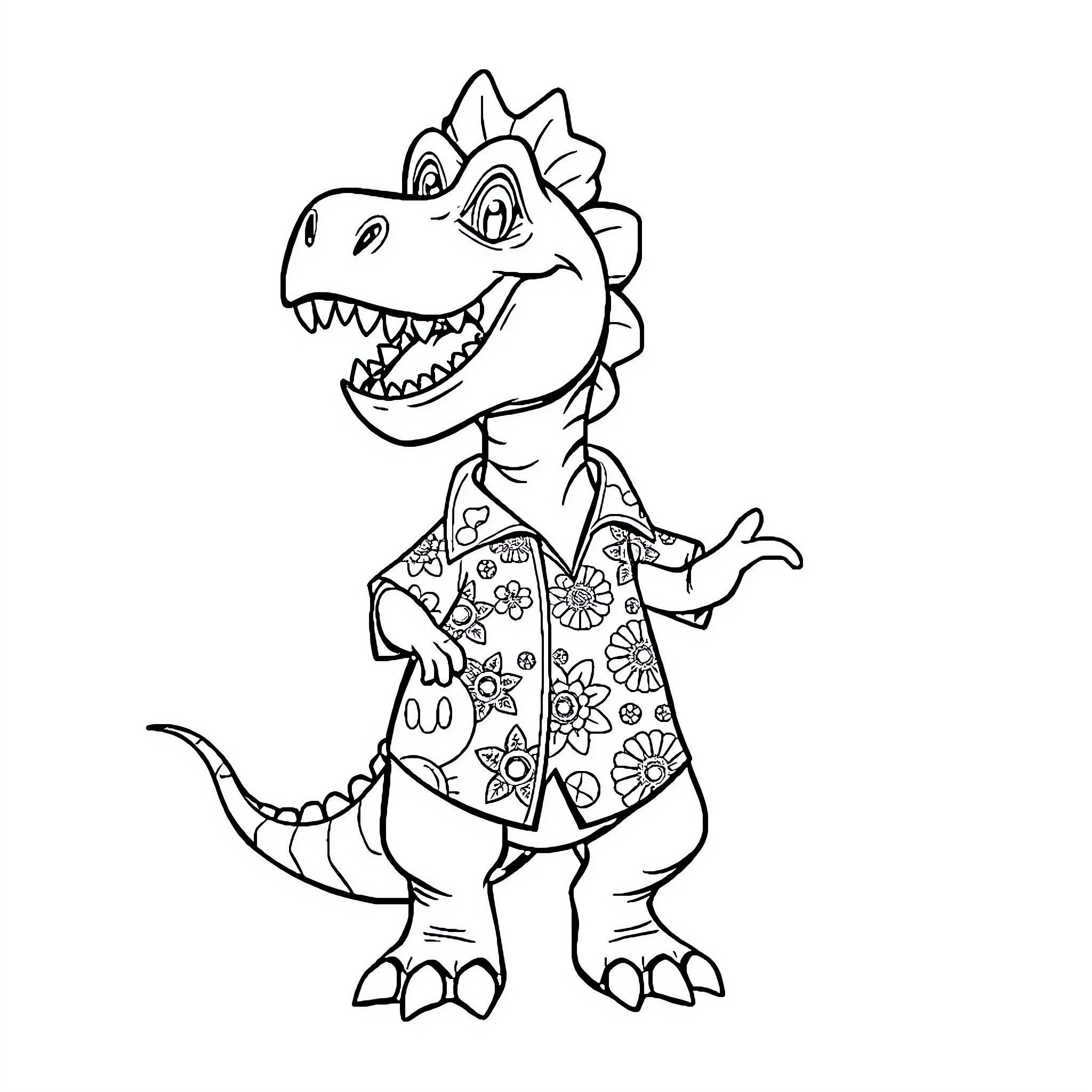 Dinosaur wearing a floral-patterned shirt Coloring Page (free black-and-white line drawing printable PDF for all, from beginners to advanced learners, including children, teens, adults, and seniors)