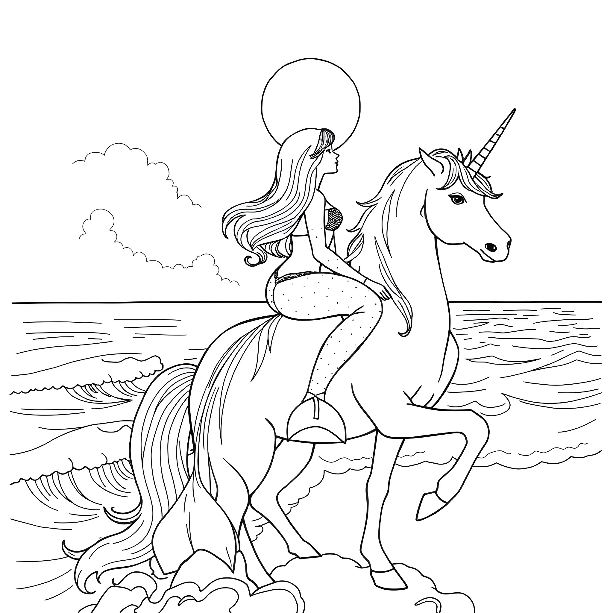 Mermaid Riding Majestic Unicorn by the Sea Coloring Page (free black-and-white line drawing printable PDF for all, from beginners to advanced learners, including children, teens, adults, and seniors)