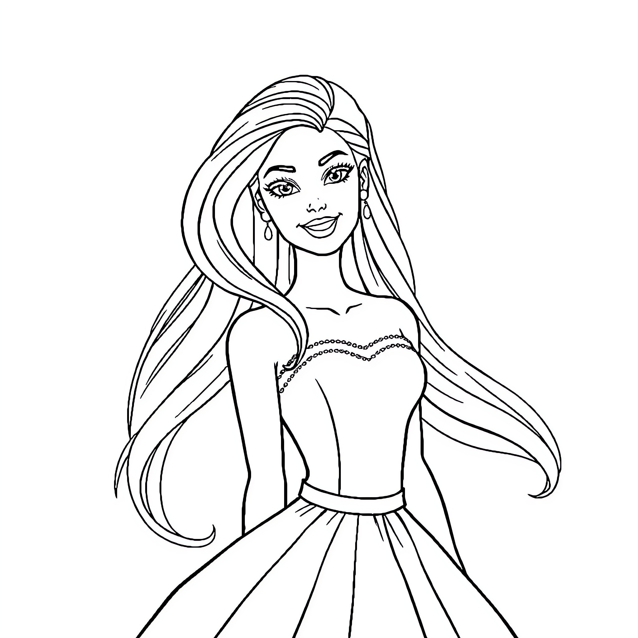 Barbie dressed in elegant formal attire with flowing hair Coloring Page (free black-and-white line drawing printable PDF for all, from beginners to advanced learners, including children, teens, adults, and seniors)