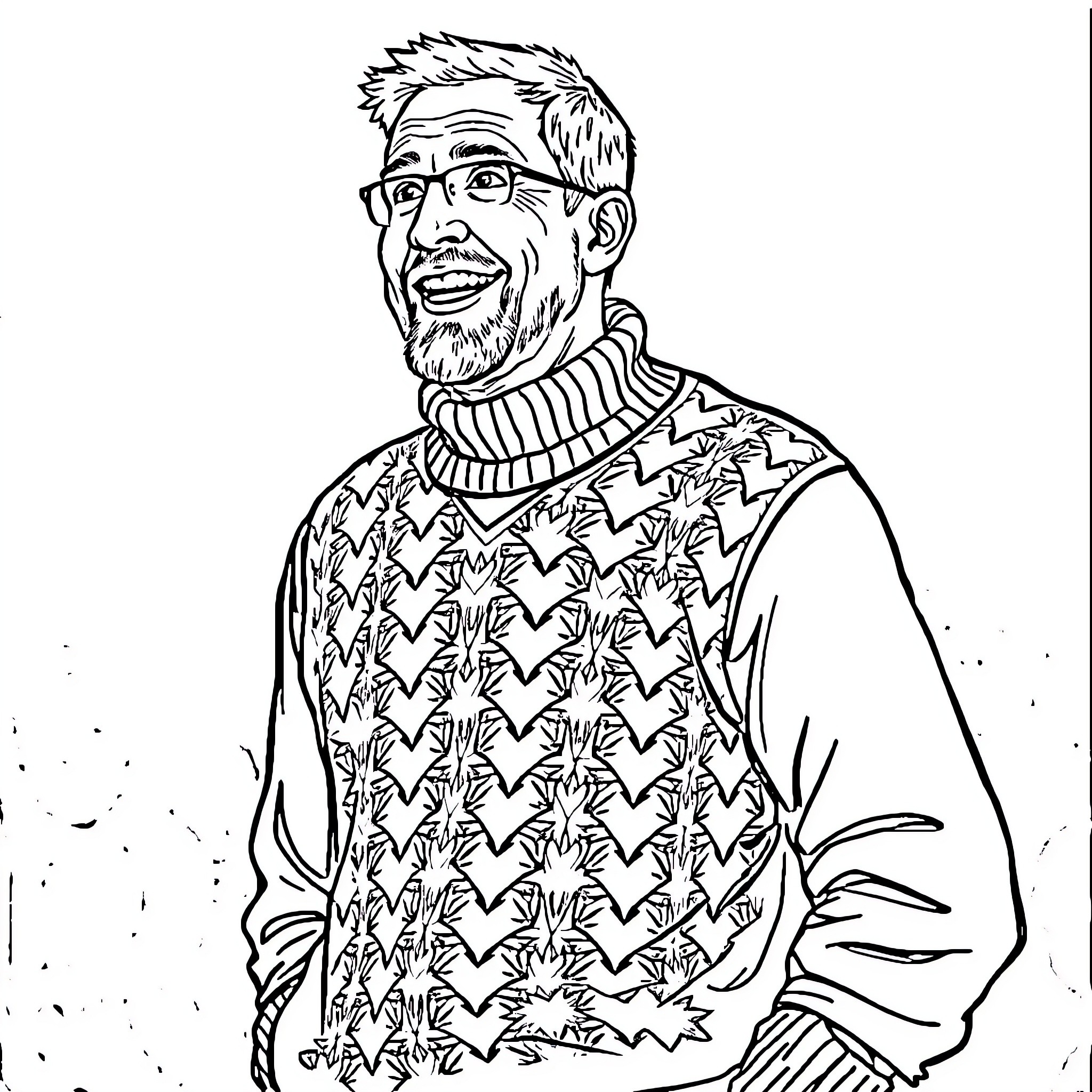 Basketball Coach Smiling and Wearing Patterned Sweater Coloring Page (free black-and-white line drawing printable PDF for all, from beginners to advanced learners, including children, teens, adults, and seniors)