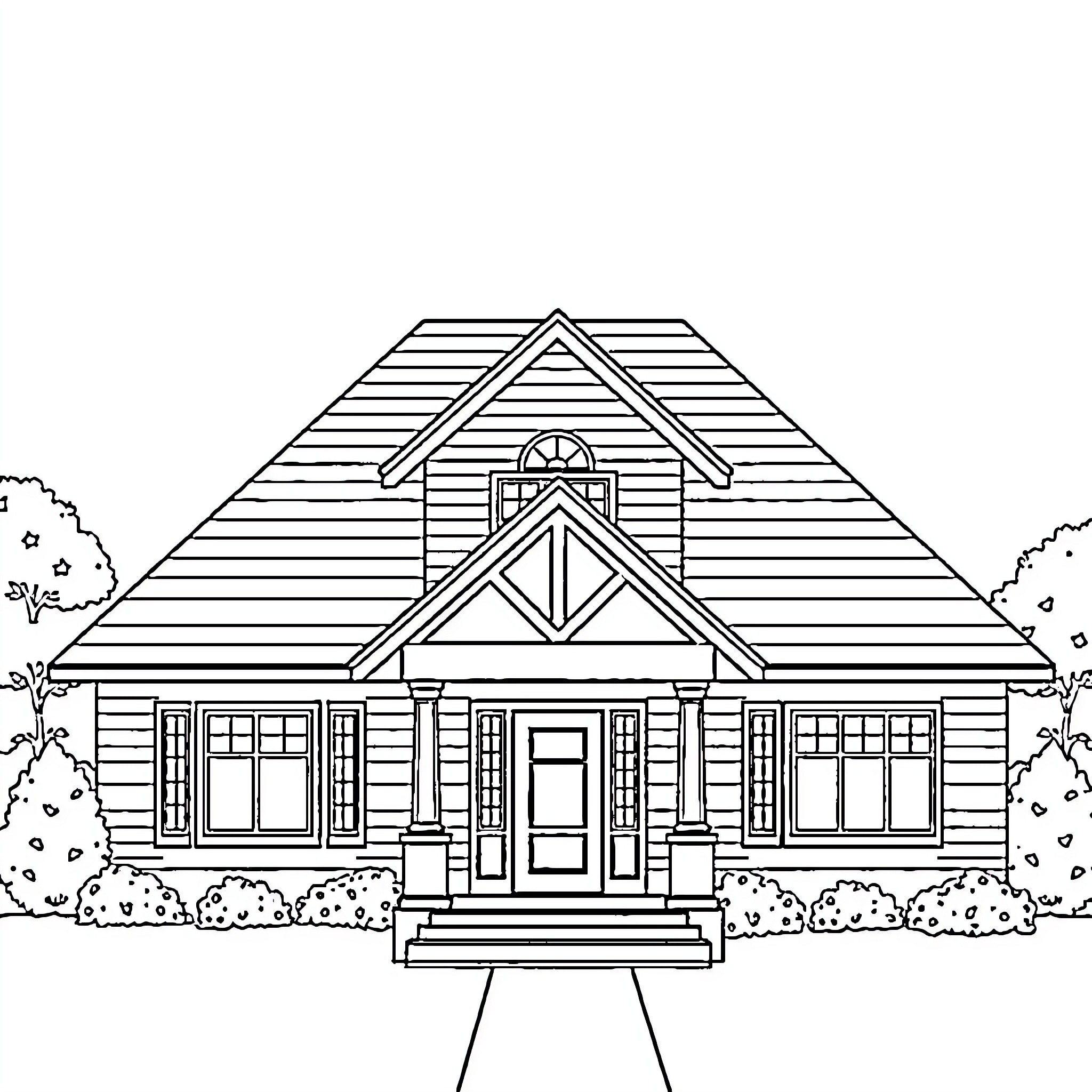 House with porch and pointed roof Coloring Page (free black-and-white line drawing printable PDF for all, from beginners to advanced learners, including children, teens, adults, and seniors)