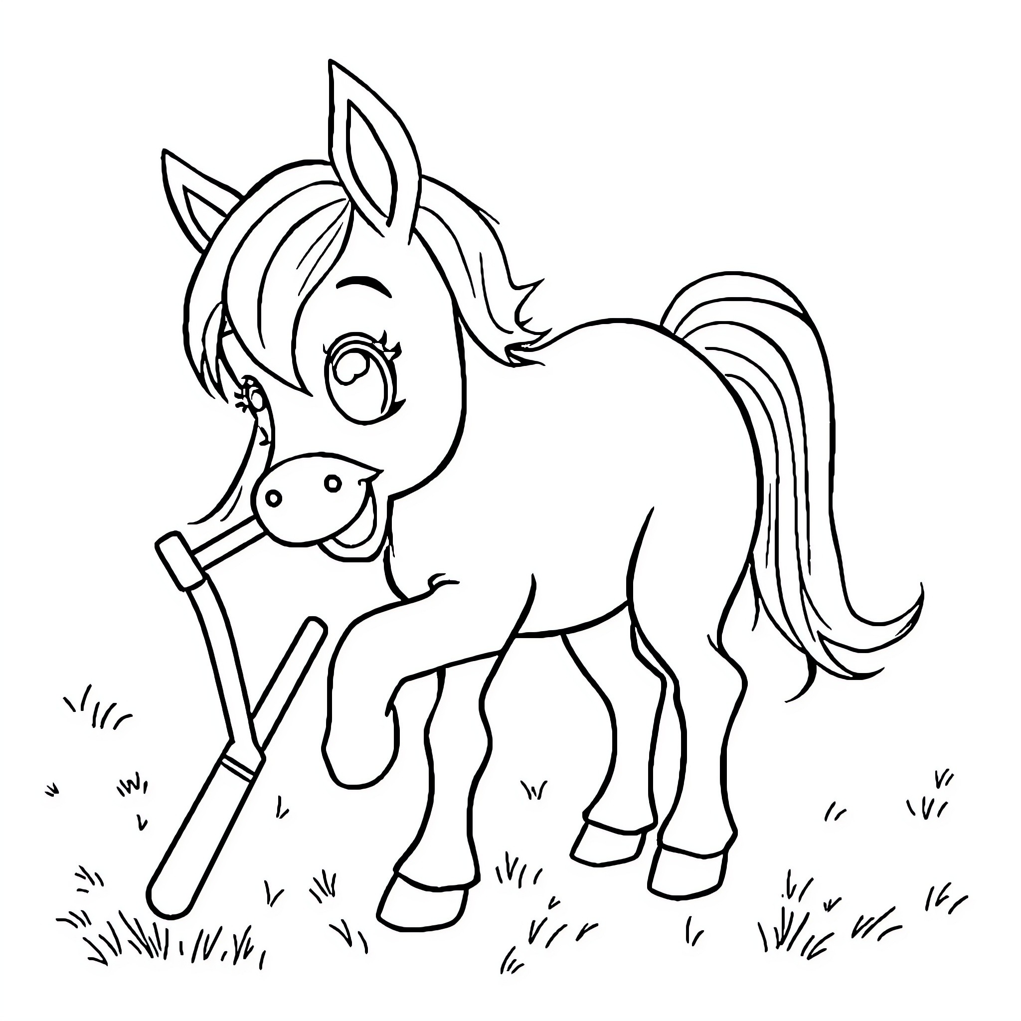 Pony holding stick in field Coloring Page (free black-and-white line drawing printable PDF for all, from beginners to advanced learners, including children, teens, adults, and seniors)