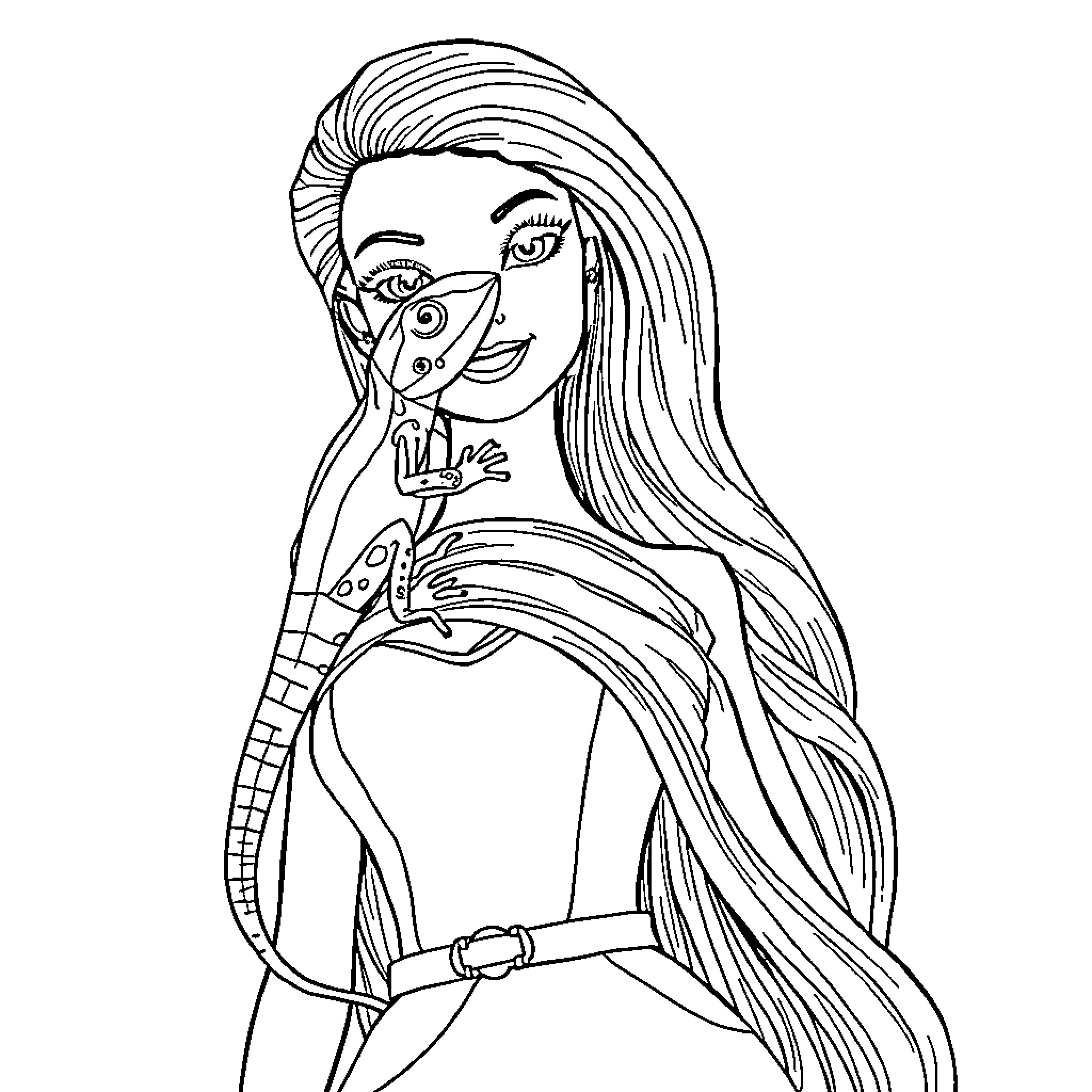 Lizard-Inspired Girl with Long Hair Coloring Page (free black-and-white line drawing printable PDF for all, from beginners to advanced learners, including children, teens, adults, and seniors)