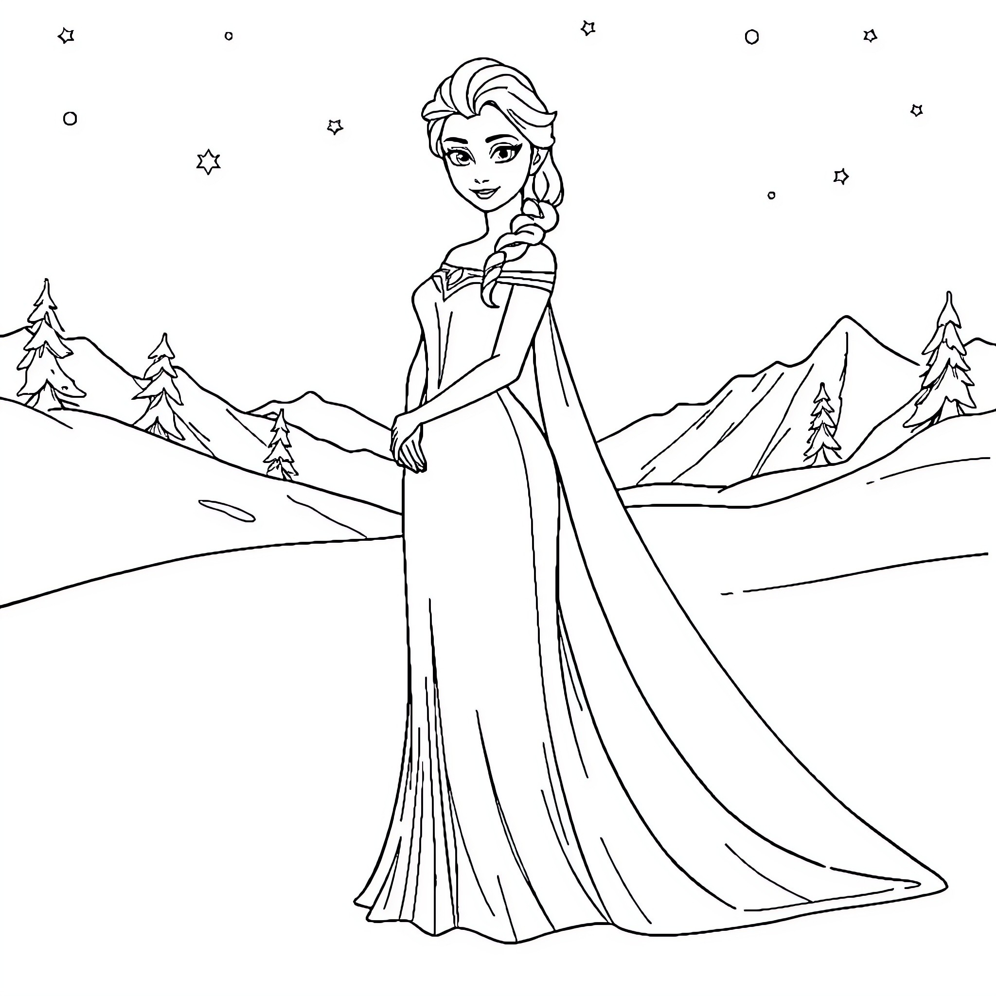 Elsa in a majestic winter landscape Coloring Page (free black-and-white line drawing printable PDF for all, from beginners to advanced learners, including children, teens, adults, and seniors)