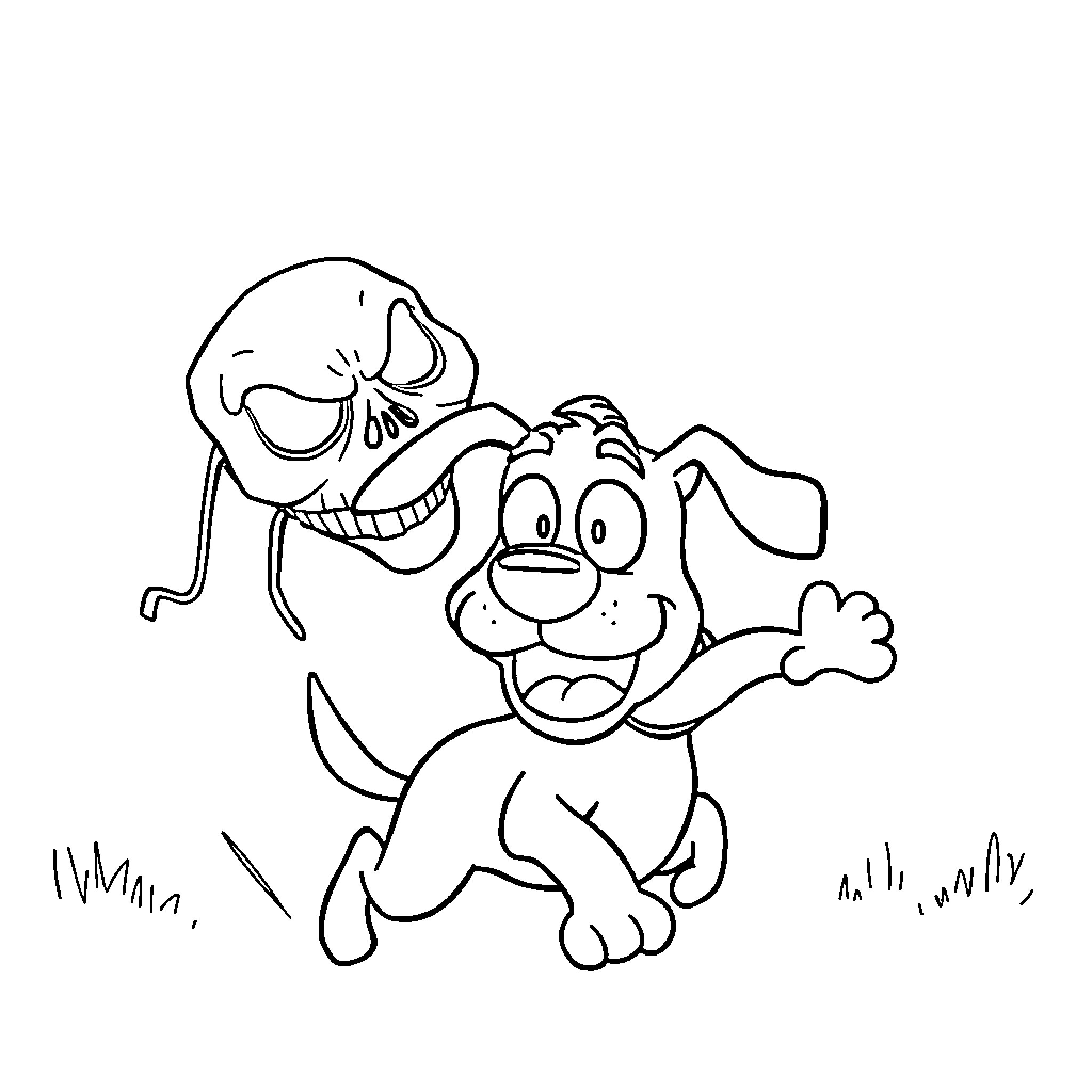 Courage: Playful Pup's Encounter with Spooky Companion Coloring Page (free black-and-white line drawing printable PDF for all, from beginners to advanced learners, including children, teens, adults, and seniors)