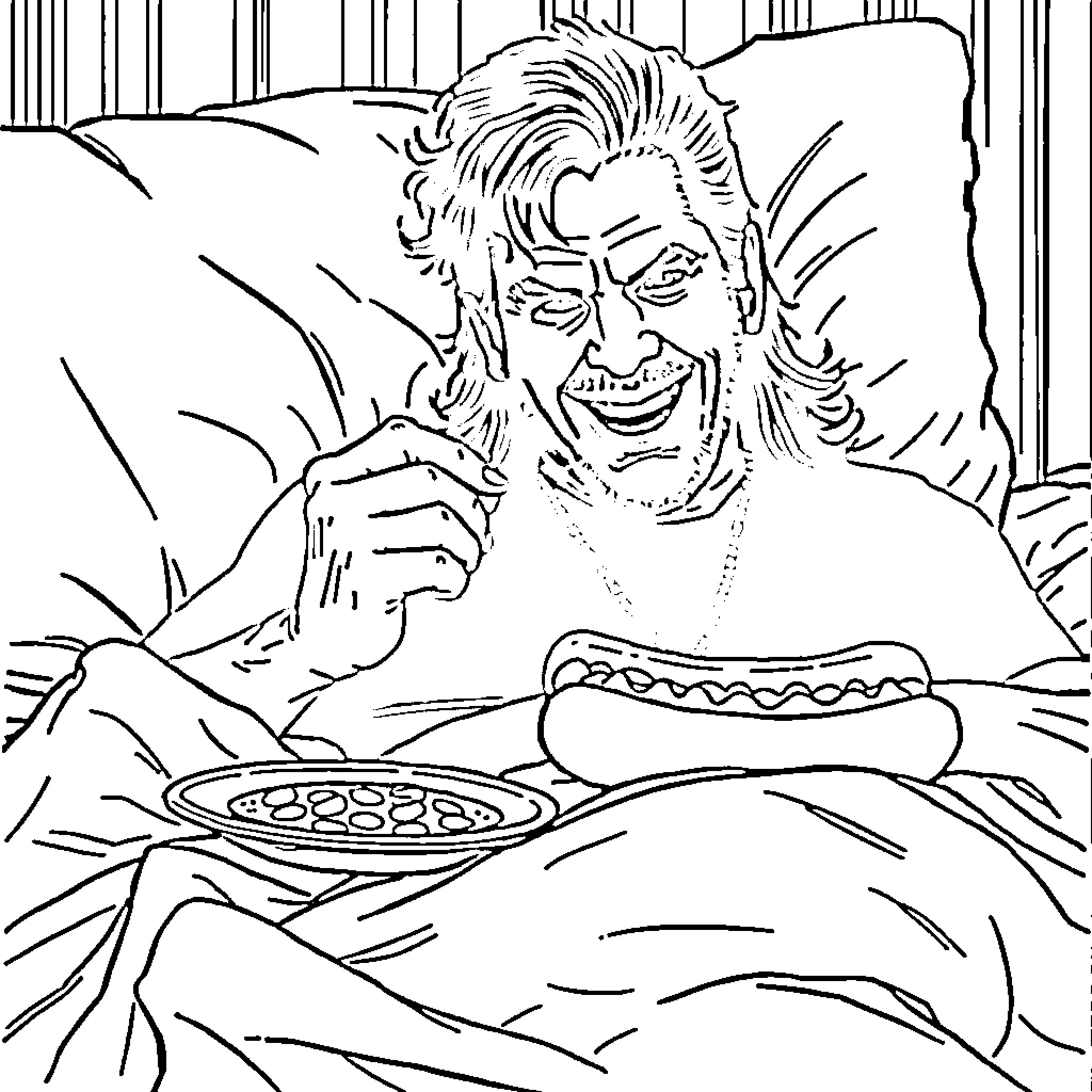 Glen Danzig eating a hot dog and enjoying himself Coloring Page (free black-and-white line drawing printable PDF for all, from beginners to advanced learners, including children, teens, adults, and seniors)