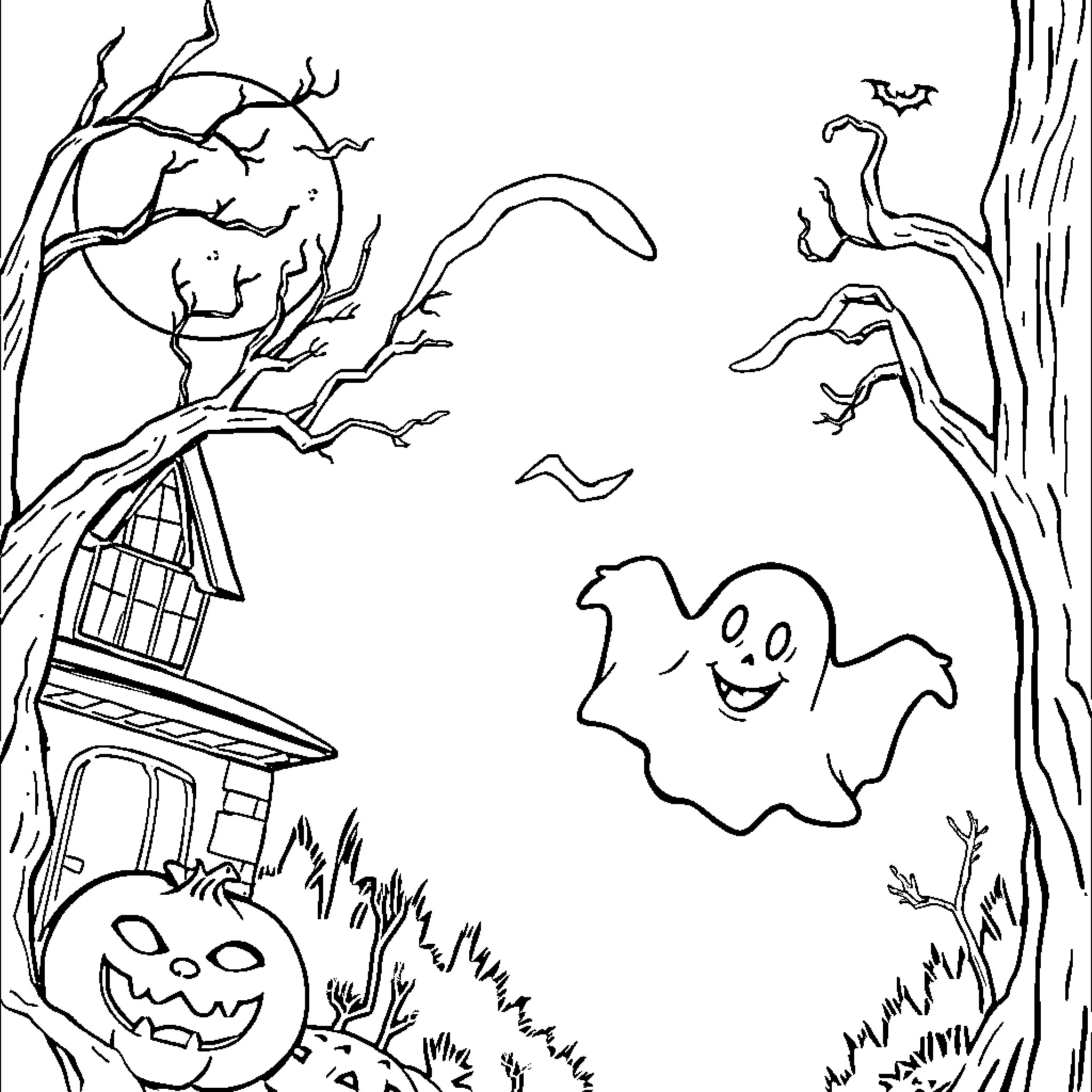 Ghost enjoying the spooky night in the haunted woods Coloring Page (free black-and-white line drawing printable PDF for all, from beginners to advanced learners, including children, teens, adults, and seniors)