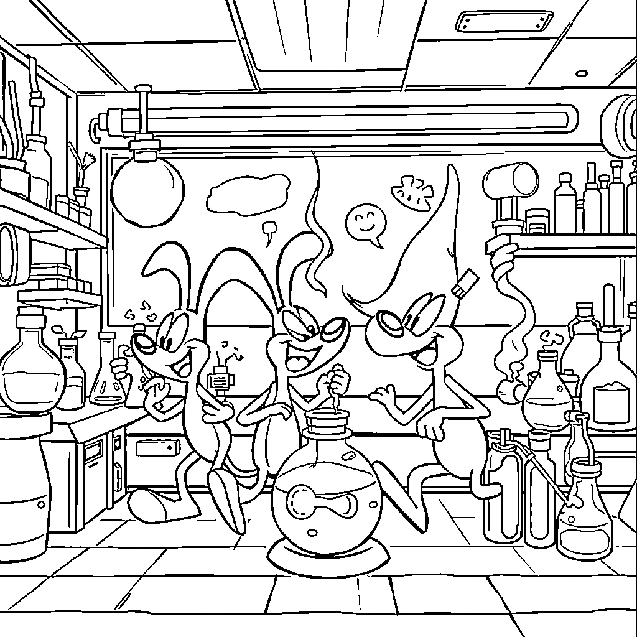 Animaniacs in a Crazy Lab Experiment Coloring Page (free black-and-white line drawing printable PDF for all, from beginners to advanced learners, including children, teens, adults, and seniors)