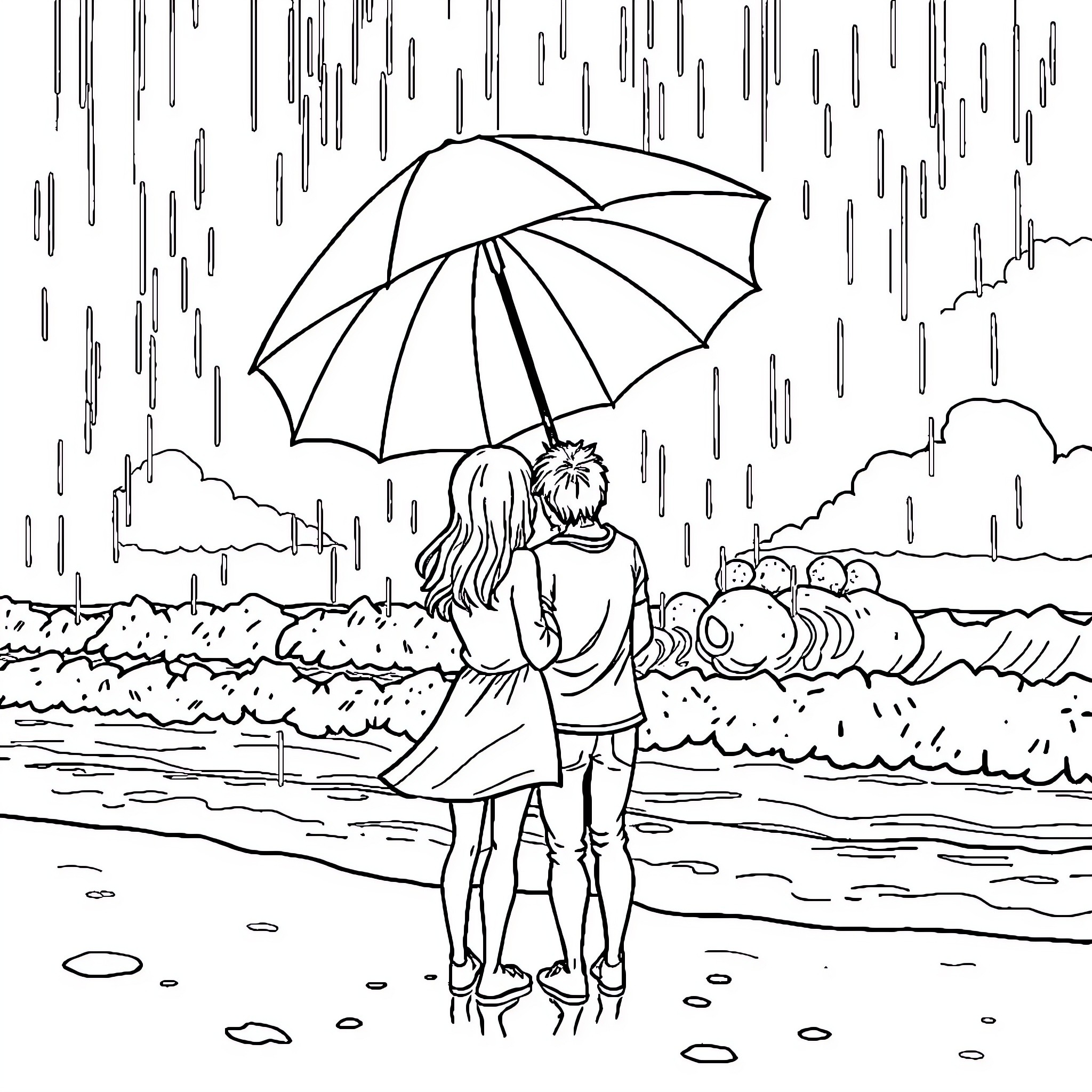 Couple walking together in the rain Coloring Page (free black-and-white line drawing printable PDF for all, from beginners to advanced learners, including children, teens, adults, and seniors)