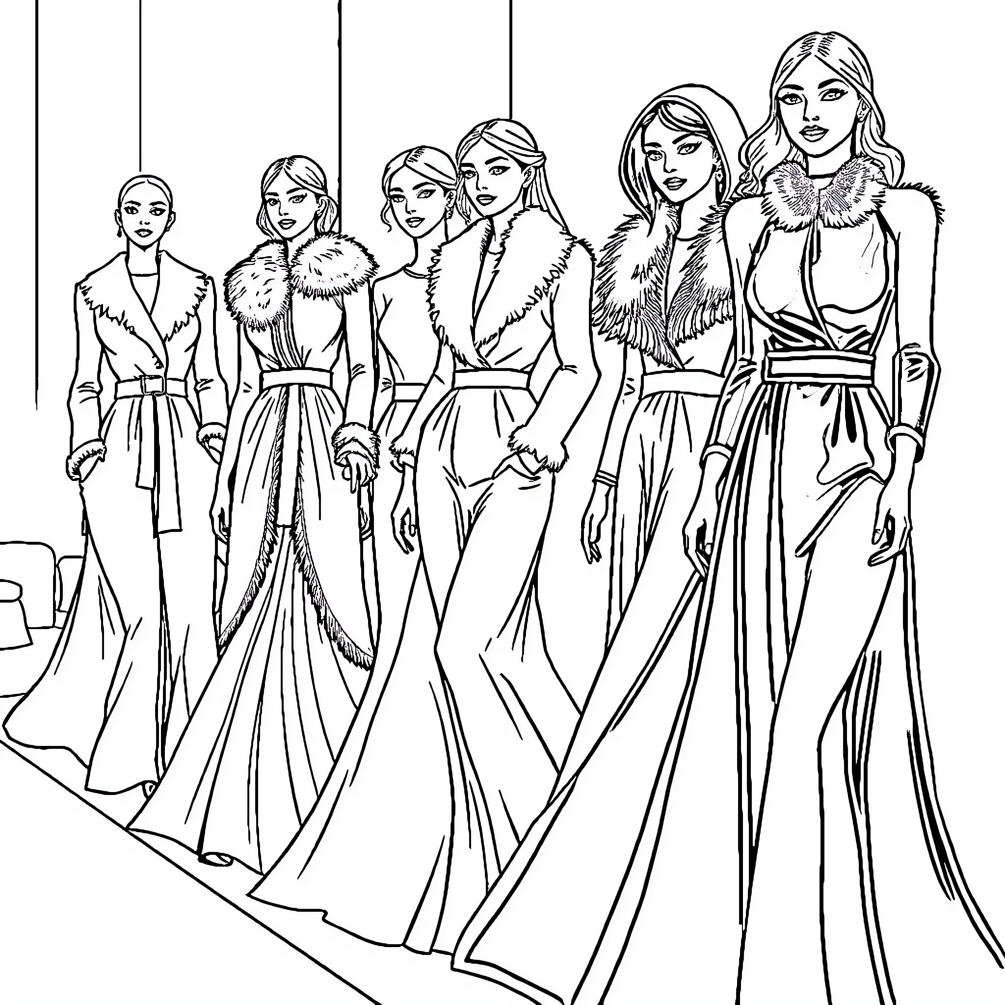 Dress models showcasing elegant winter fashion Coloring Page (free black-and-white line drawing printable PDF for all, from beginners to advanced learners, including children, teens, adults, and seniors)
