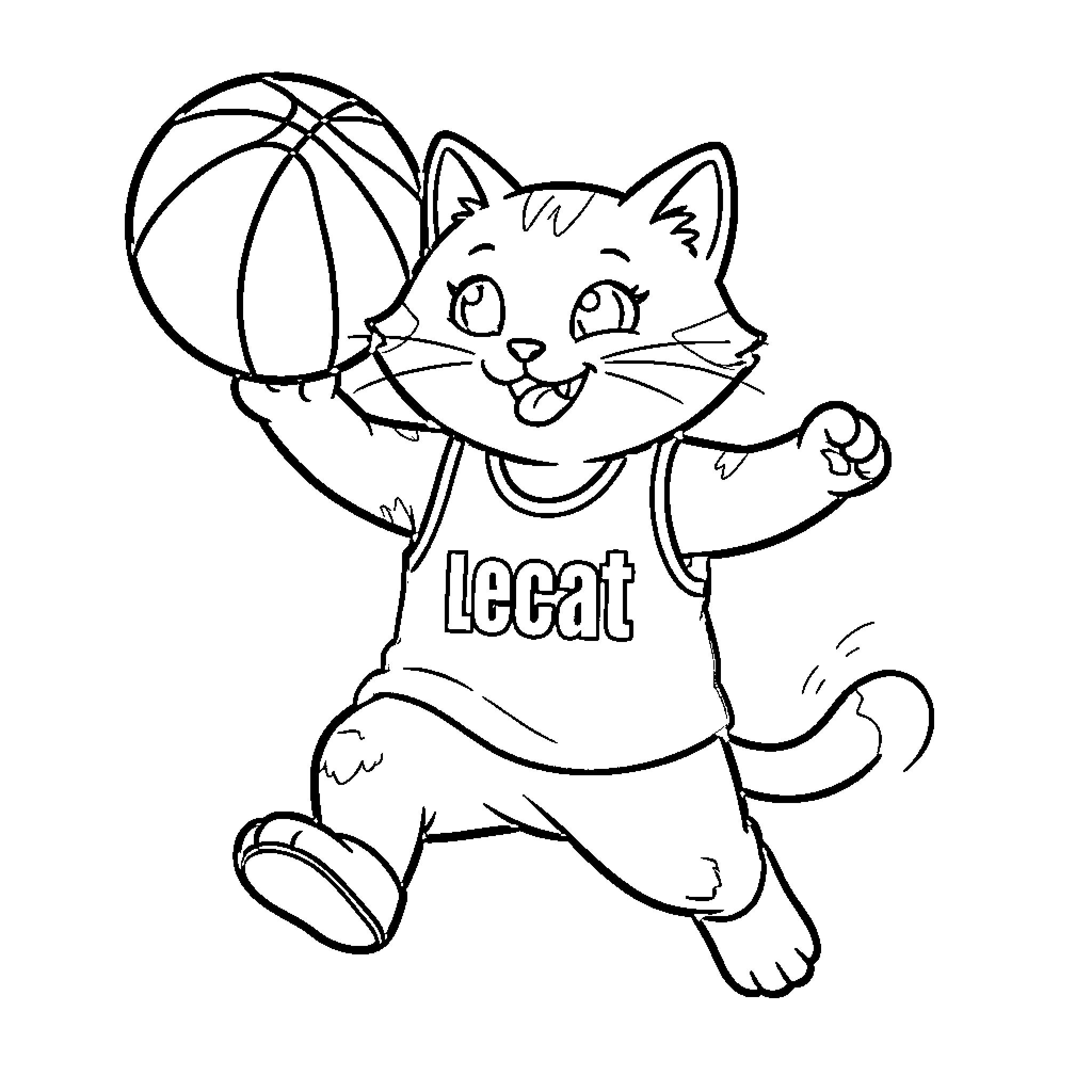 Cat playing with basketball Coloring Page (free black-and-white line drawing printable PDF for all, from beginners to advanced learners, including children, teens, adults, and seniors)