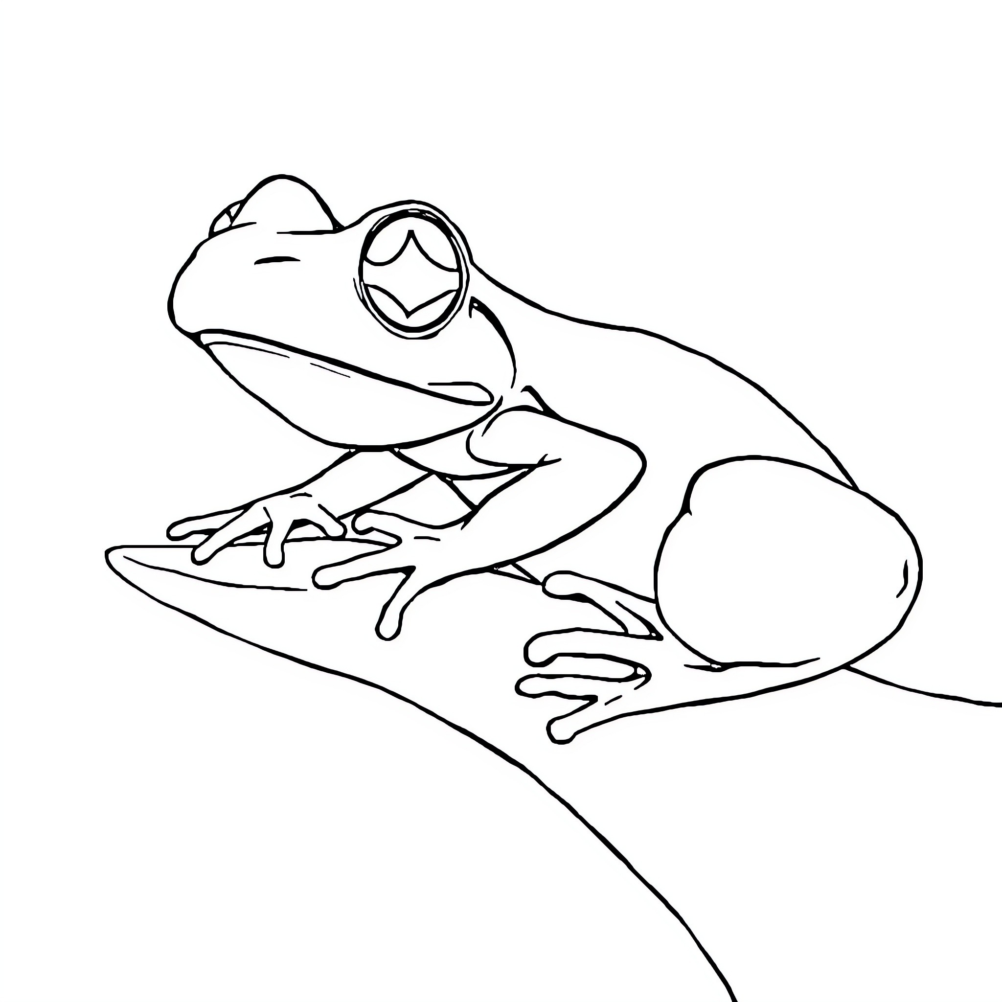 Frog sitting on a leaf Coloring Page (free black-and-white line drawing printable PDF for all, from beginners to advanced learners, including children, teens, adults, and seniors)