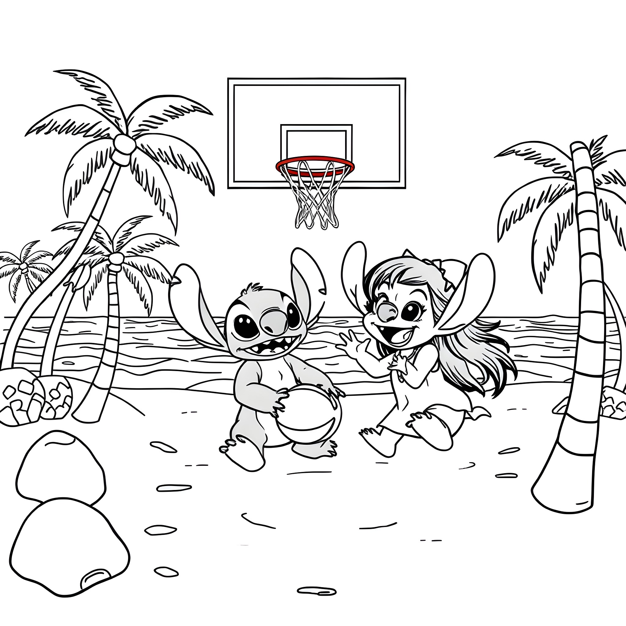 Lilo and Stitch playing basketball on the beach Coloring Page (free black-and-white line drawing printable PDF for all, from beginners to advanced learners, including children, teens, adults, and seniors)