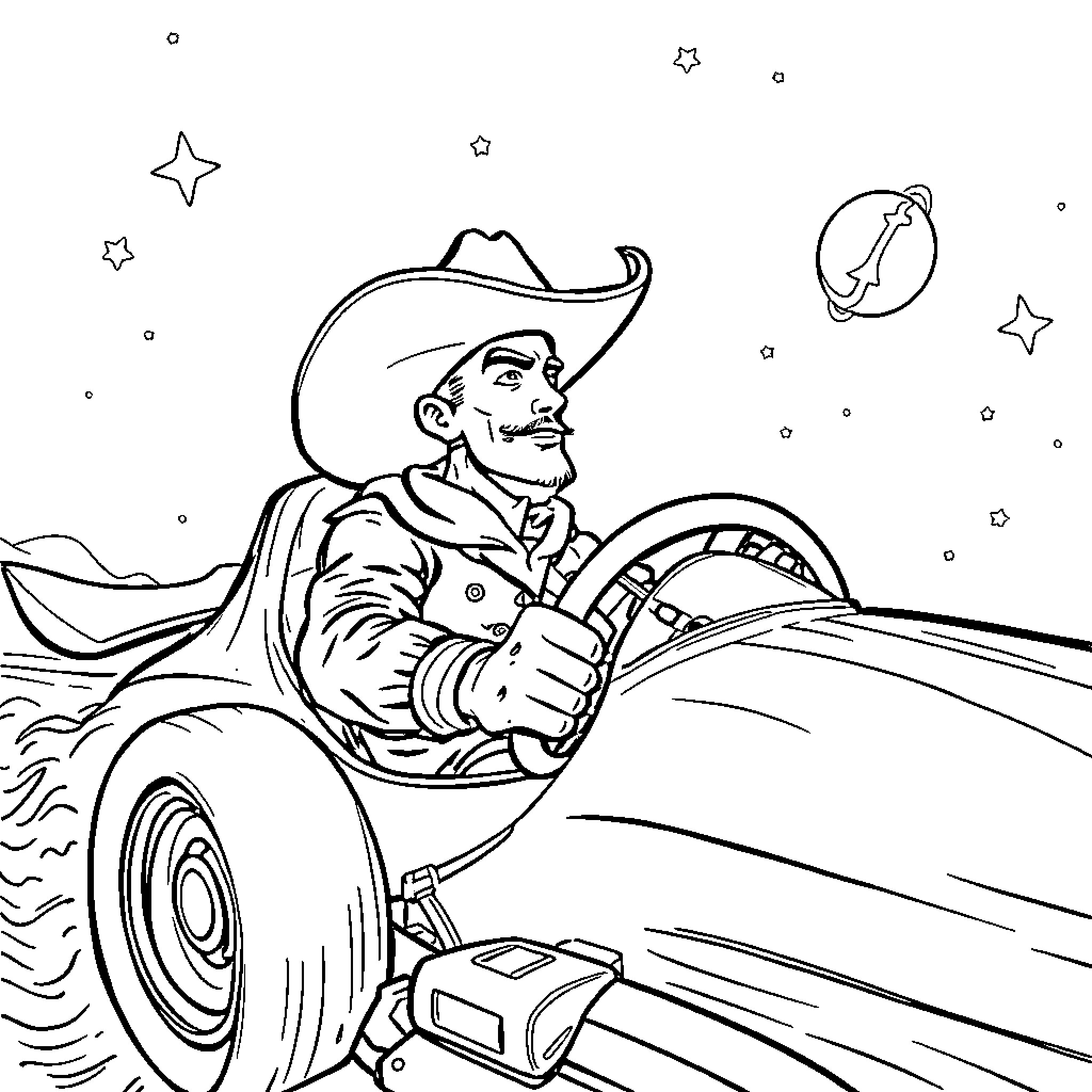 Cowboy driving a retro car on a starry night Coloring Page (free black-and-white line drawing printable PDF for all, from beginners to advanced learners, including children, teens, adults, and seniors)
