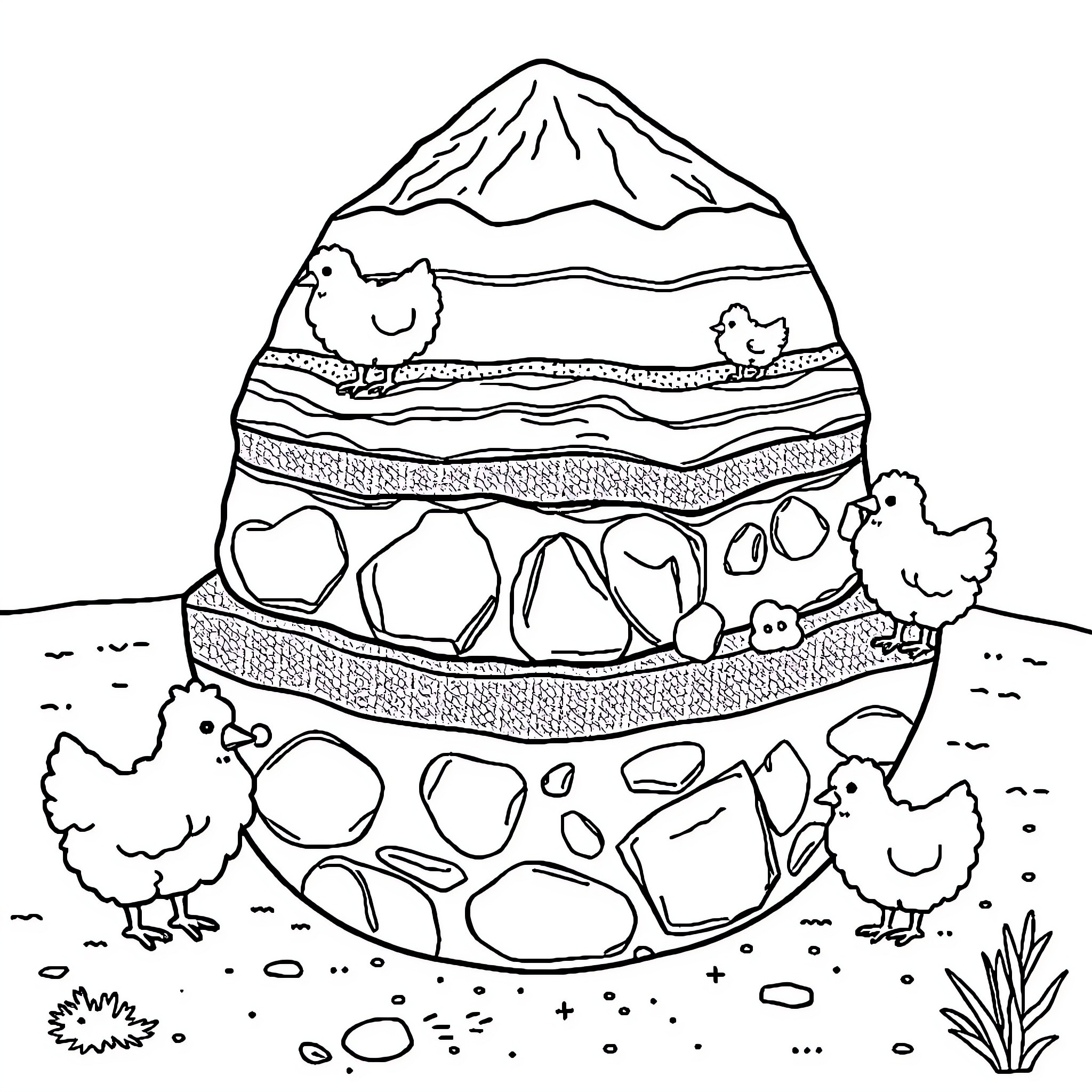 Chicken Eggs in a Decorative Landscape Coloring Page (free black-and-white line drawing printable PDF for all, from beginners to advanced learners, including children, teens, adults, and seniors)