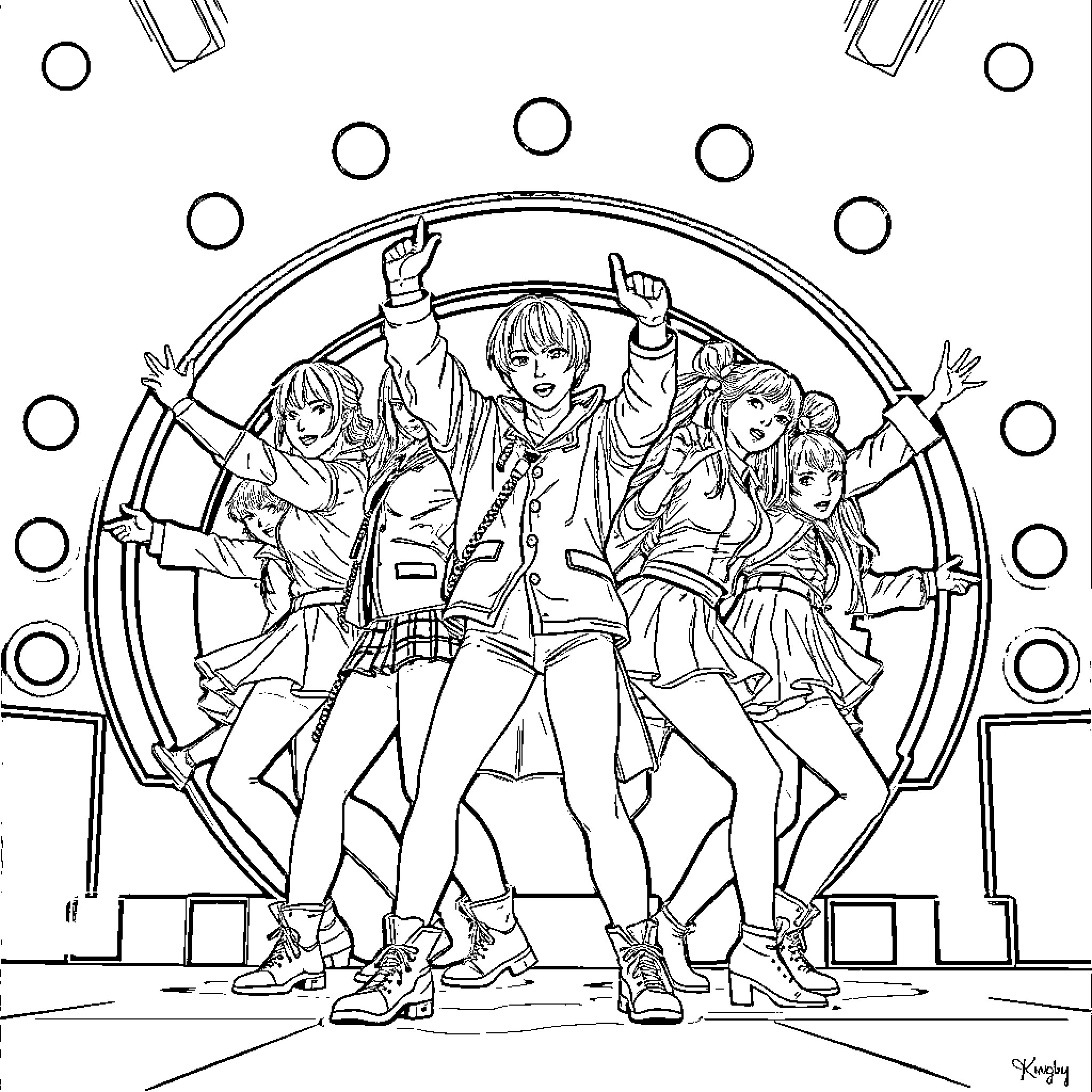 K Pop Warrior Performing with Energetic Dance Moves Coloring Page (free black-and-white line drawing printable PDF for all, from beginners to advanced learners, including children, teens, adults, and seniors)