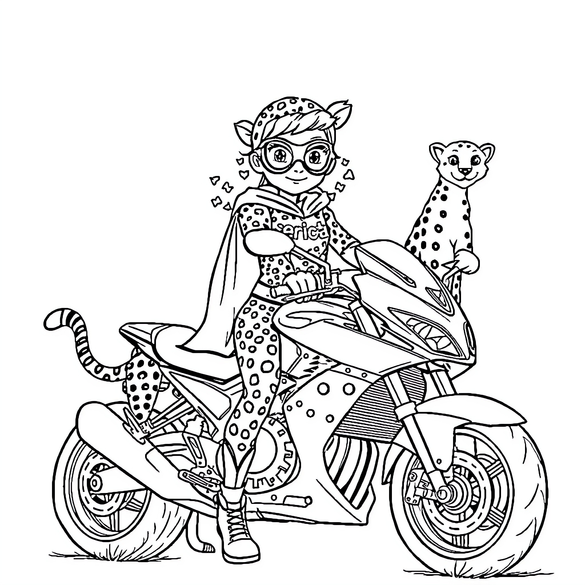 Girl riding motorcycle with pet cheetah Coloring Page (free black-and-white line drawing printable PDF for all, from beginners to advanced learners, including children, teens, adults, and seniors)