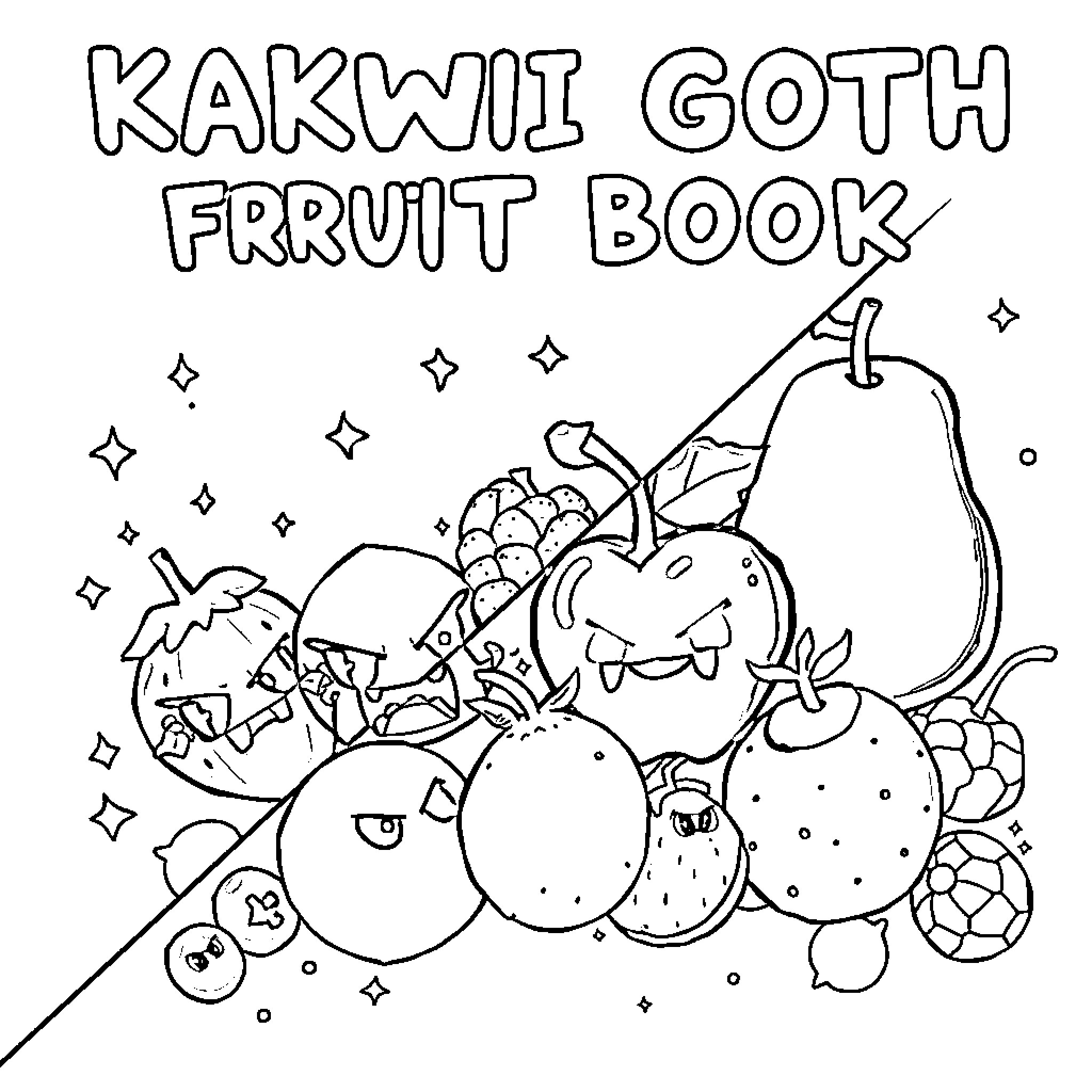 Fruit Drawings in a Stylish Goth Book Coloring Page (free black-and-white line drawing printable PDF for all, from beginners to advanced learners, including children, teens, adults, and seniors)