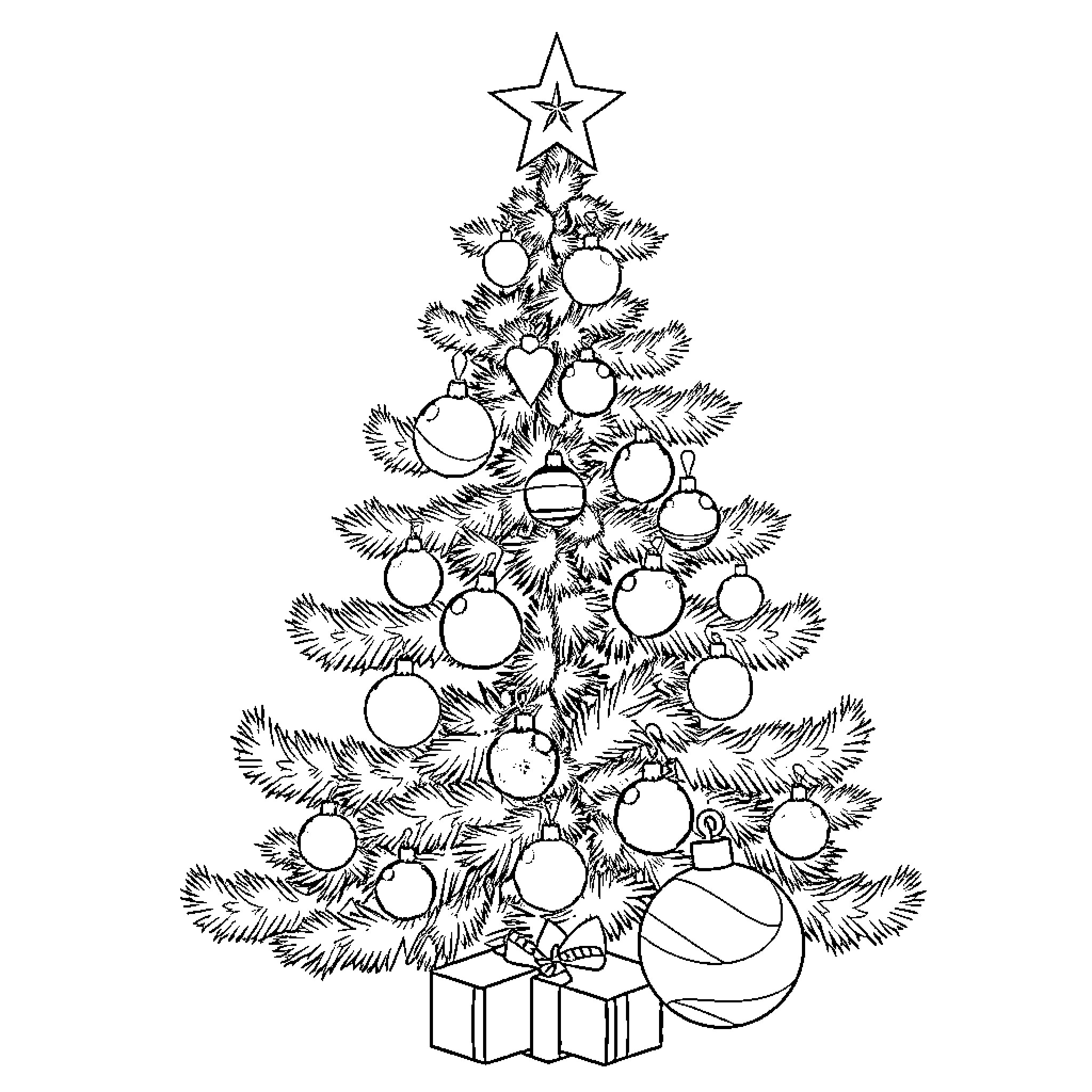 Christmas Tree Decorated with Ornaments and Gifts Coloring Page (free black-and-white line drawing printable PDF for all, from beginners to advanced learners, including children, teens, adults, and seniors)