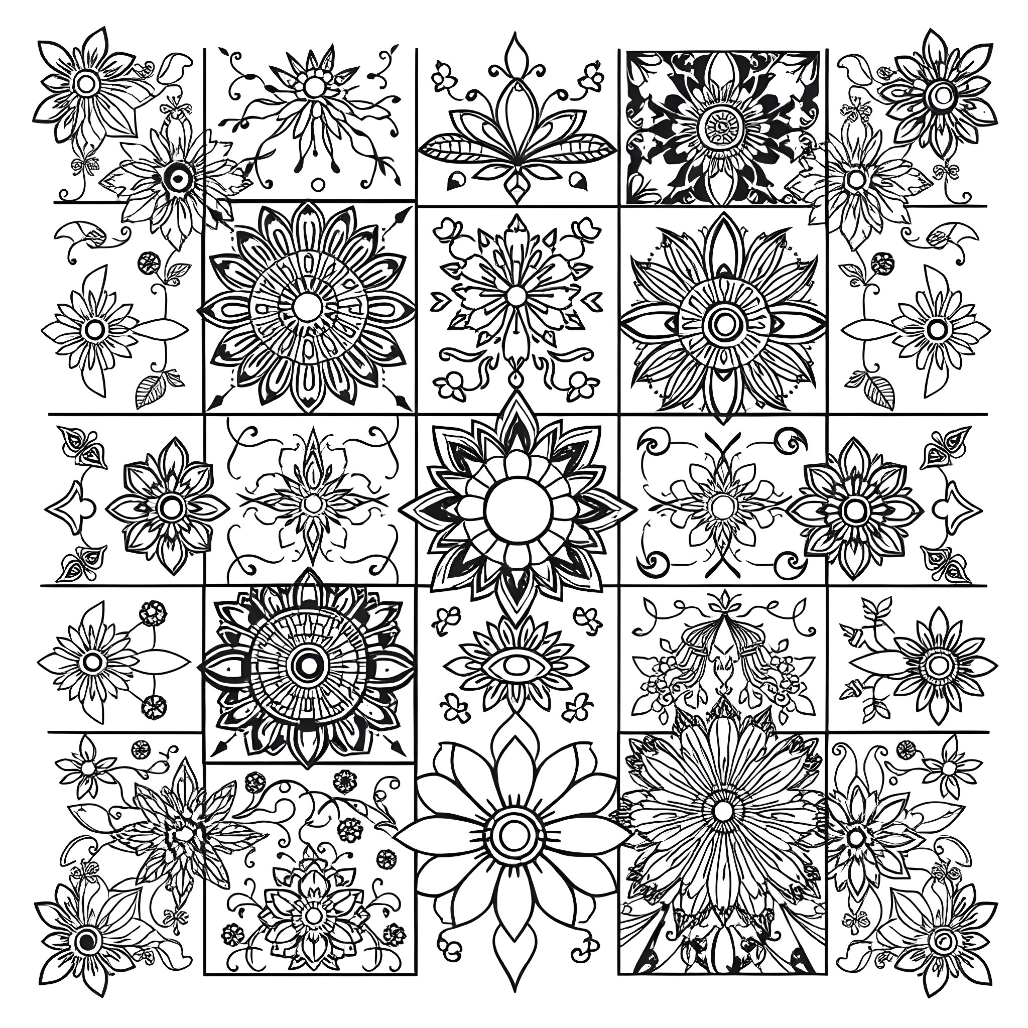 Patchwork of Detailed Floral Designs Coloring Page (free black-and-white line drawing printable PDF for all, from beginners to advanced learners, including children, teens, adults, and seniors)