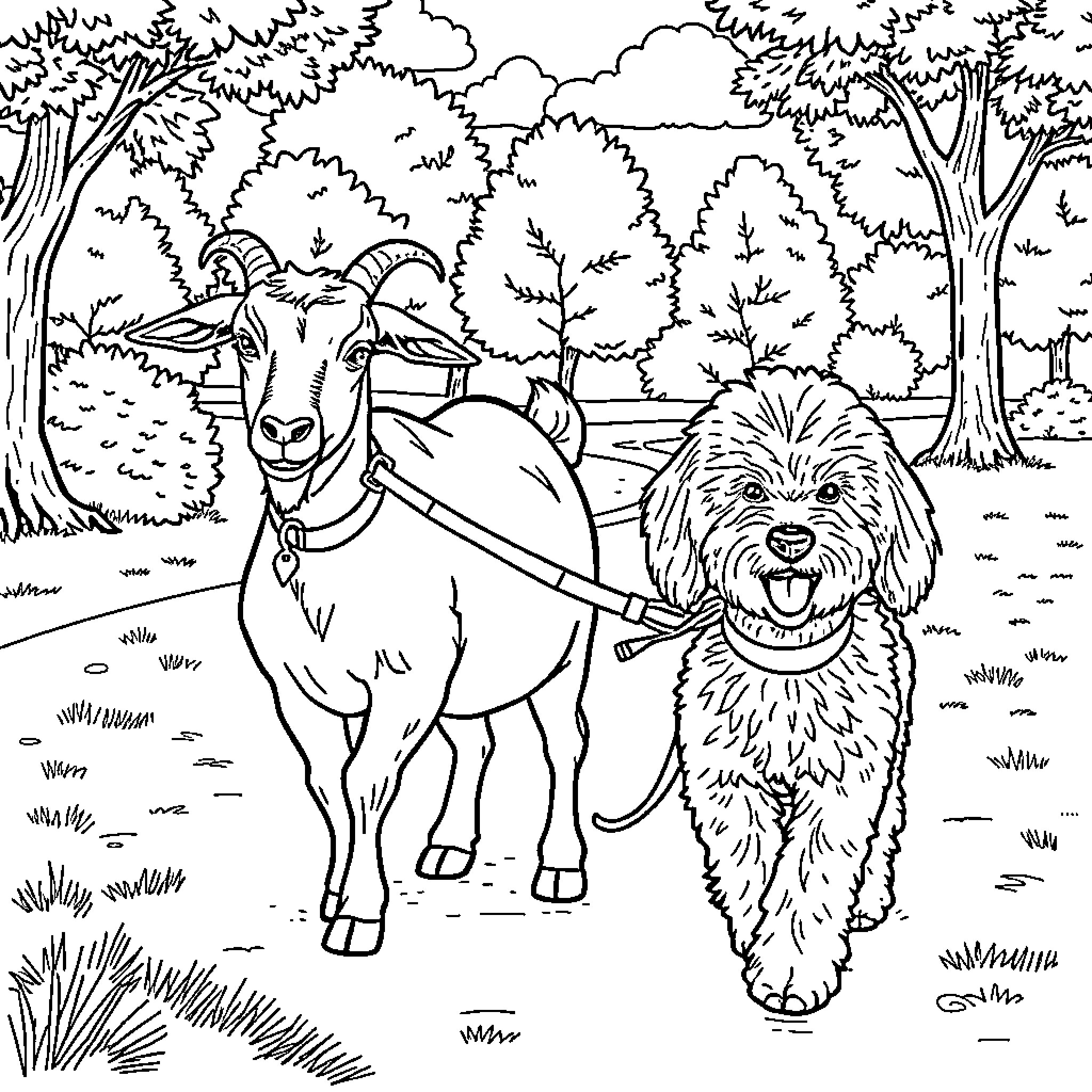 Goat and dog taking a walk in the forest Coloring Page (free black-and-white line drawing printable PDF for all, from beginners to advanced learners, including children, teens, adults, and seniors)