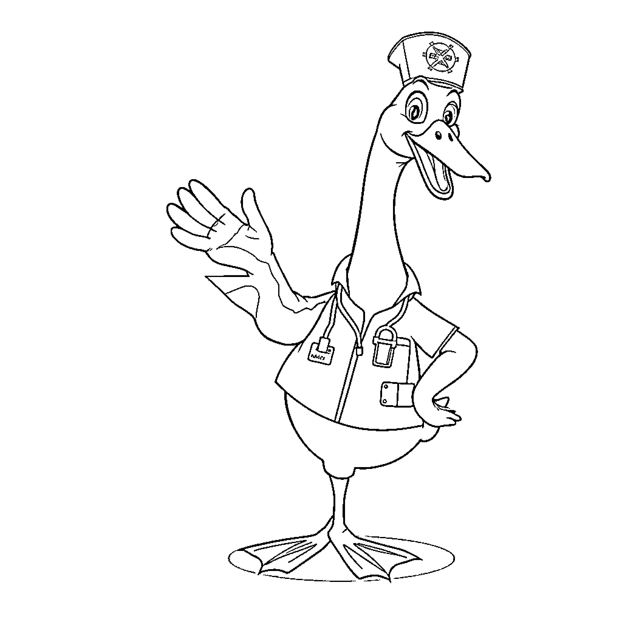Goose in police officer uniform waving Coloring Page (free black-and-white line drawing printable PDF for all, from beginners to advanced learners, including children, teens, adults, and seniors)