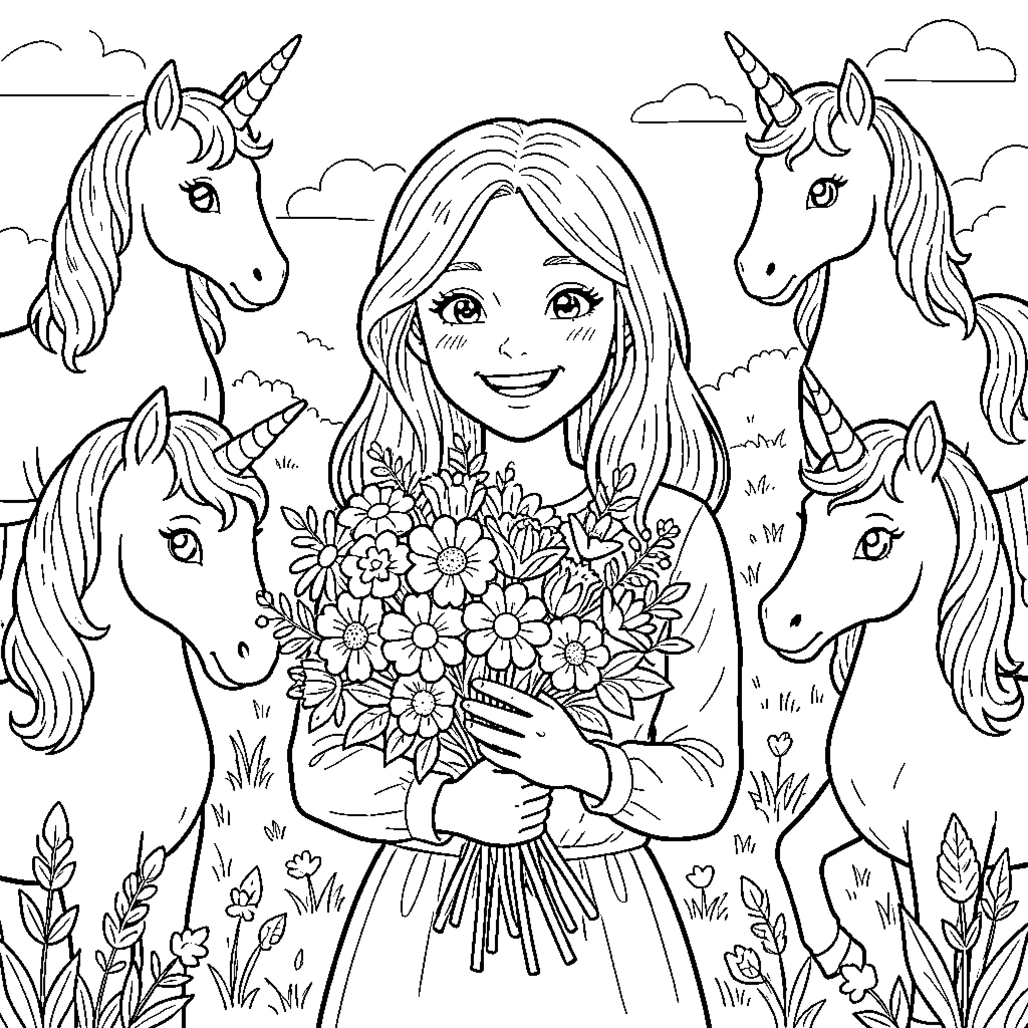 Brianna's Magical Encounter with Unicorns in the Enchanted Garden Coloring Page (free black-and-white line drawing printable PDF for all, from beginners to advanced learners, including children, teens, adults, and seniors)
