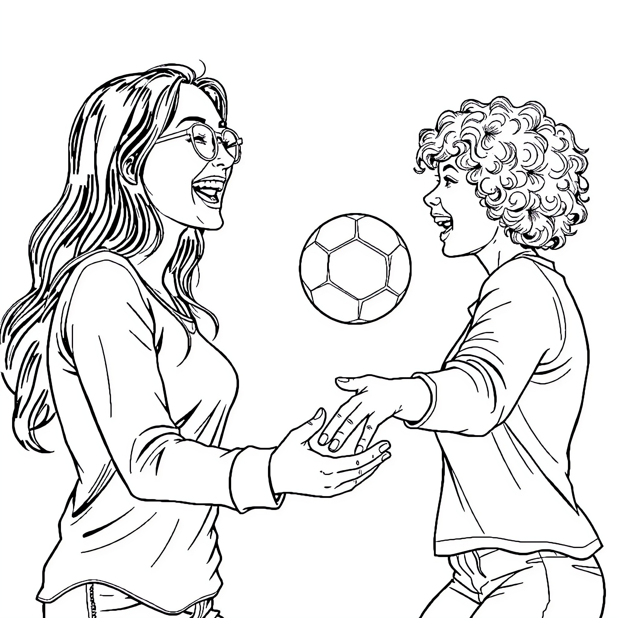 Woman sharing a soccer ball with a young girl Coloring Page (free black-and-white line drawing printable PDF for all, from beginners to advanced learners, including children, teens, adults, and seniors)