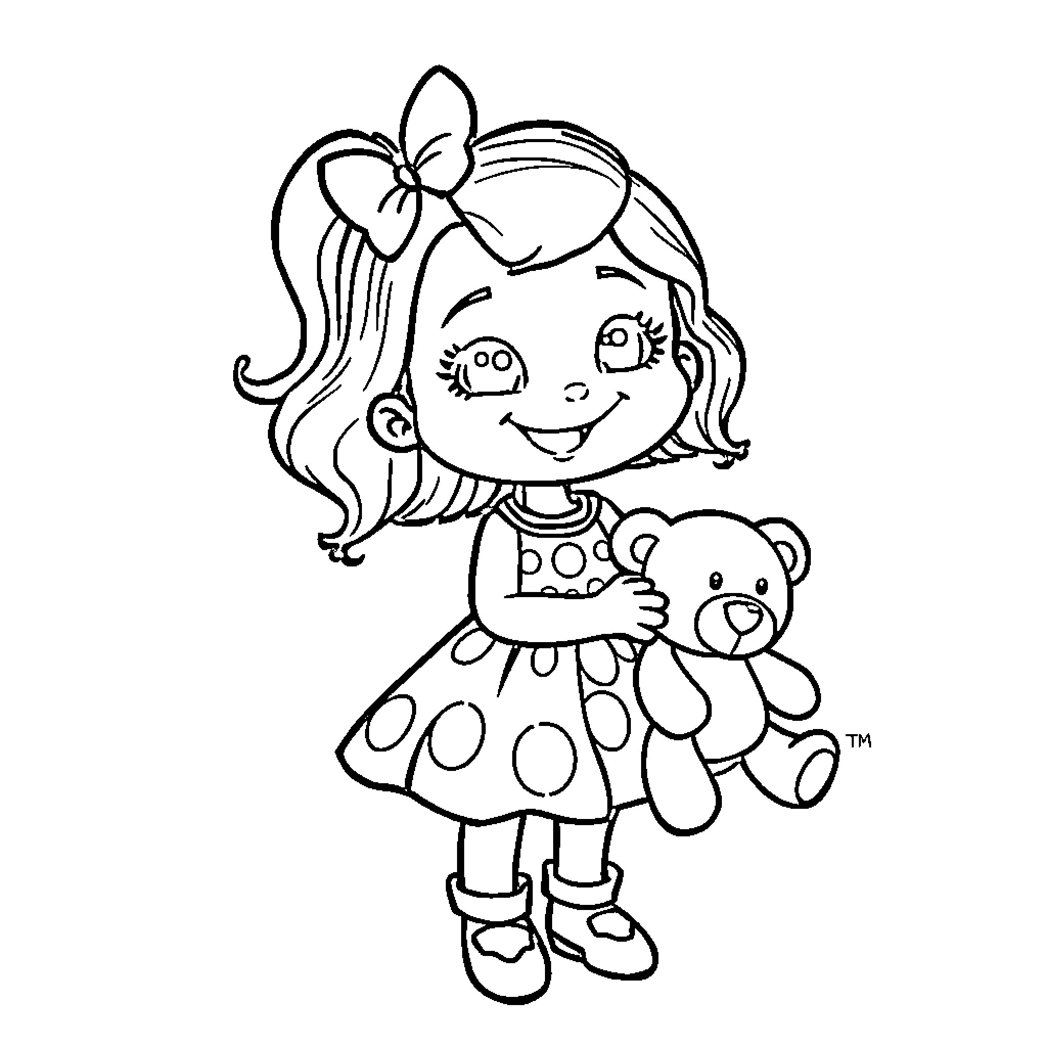 Zoey holding her favorite teddy bear Coloring Page (free black-and-white line drawing printable PDF for all, from beginners to advanced learners, including children, teens, adults, and seniors)