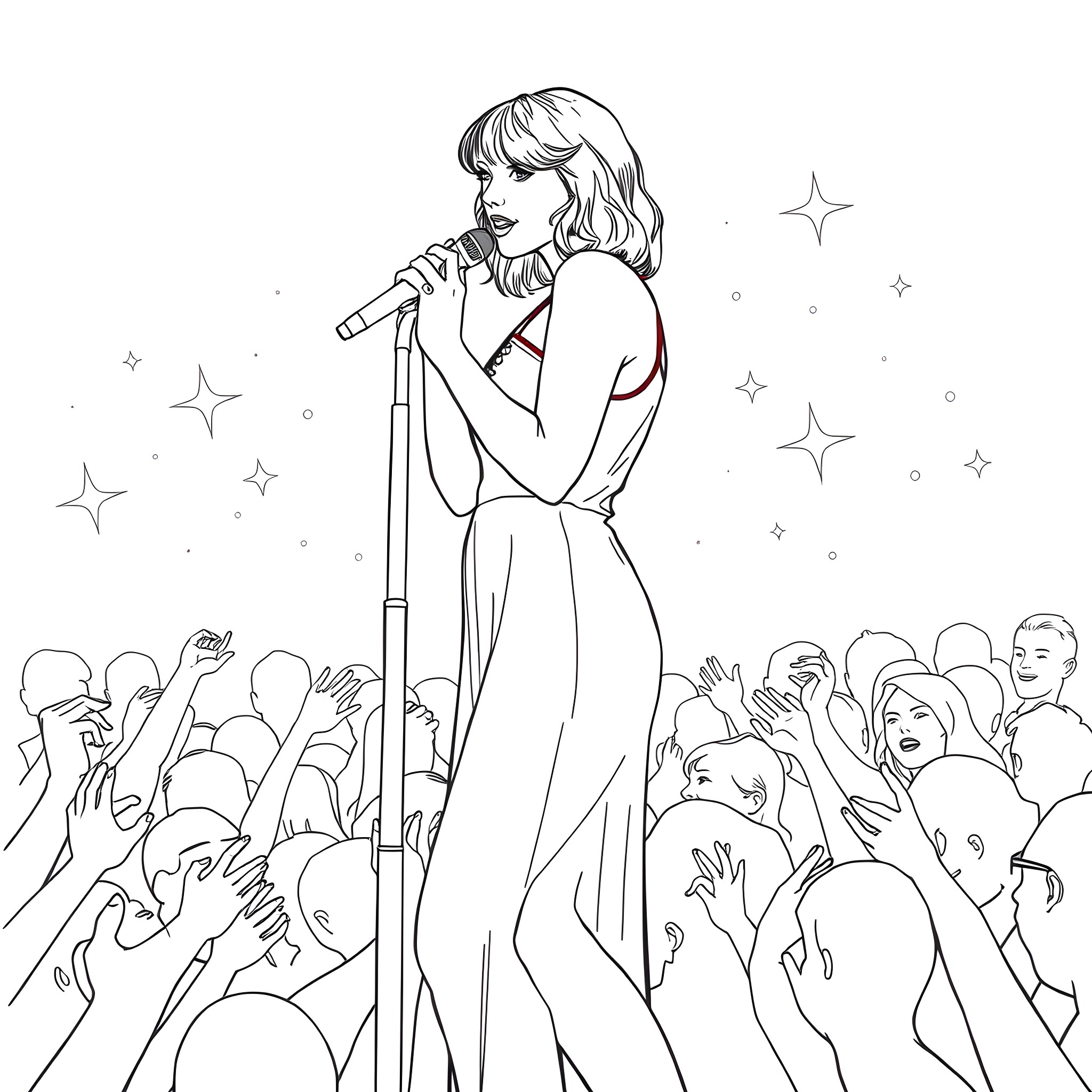 Taylor Swift performing on stage for adoring fans Coloring Page (free black-and-white line drawing printable PDF for all, from beginners to advanced learners, including children, teens, adults, and seniors)
