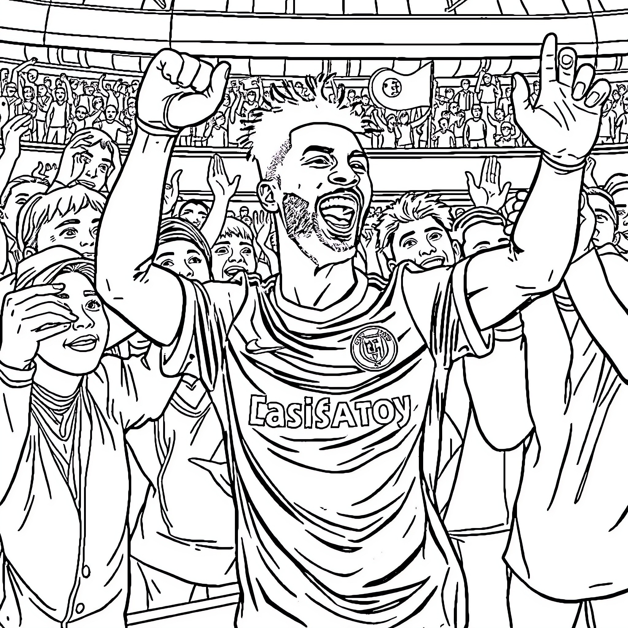 Osimhen celebrating with ecstatic fans in the stadium Coloring Page (free black-and-white line drawing printable PDF for all, from beginners to advanced learners, including children, teens, adults, and seniors)