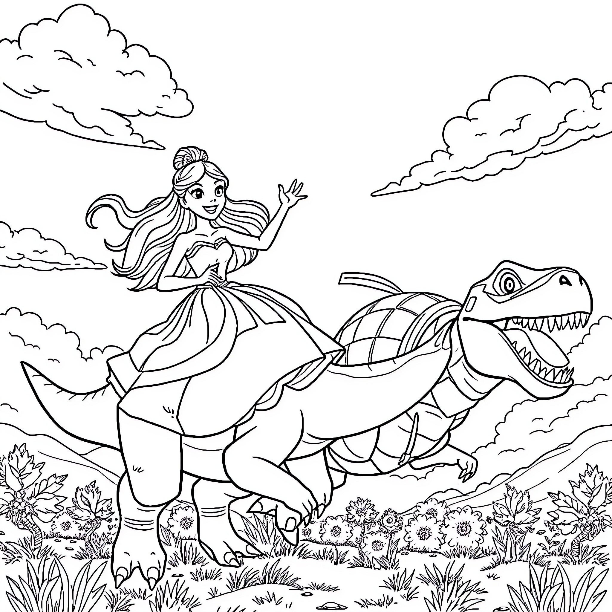 Princess Riding a Fearsome Dinosaur Coloring Page (free black-and-white line drawing printable PDF for all, from beginners to advanced learners, including children, teens, adults, and seniors)