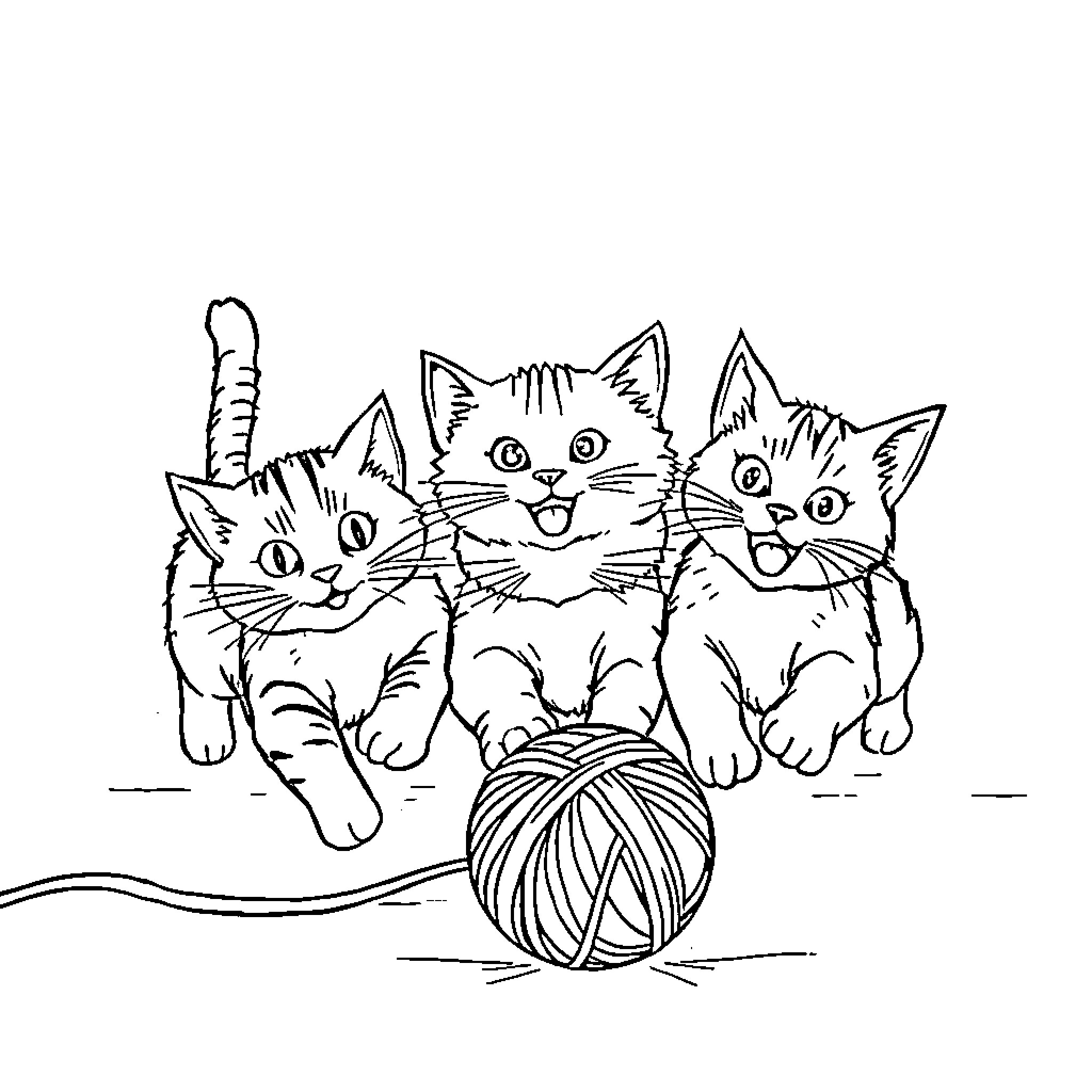 Cat kittens playing with yarn ball Coloring Page (free black-and-white line drawing printable PDF for all, from beginners to advanced learners, including children, teens, adults, and seniors)