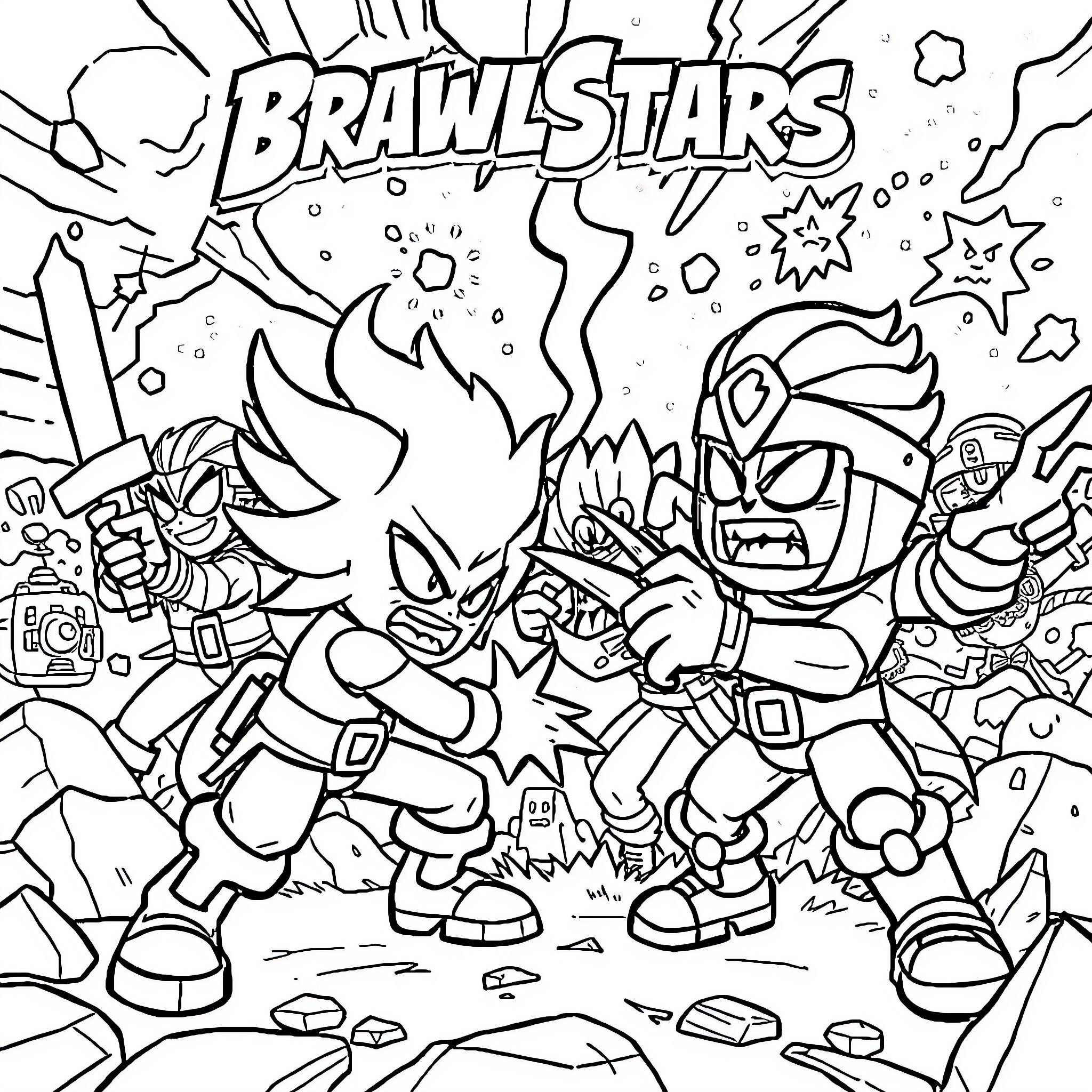 Brawlstars: Fierce Battle of Animated Characters Coloring Page (free black-and-white line drawing printable PDF for all, from beginners to advanced learners, including children, teens, adults, and seniors)
