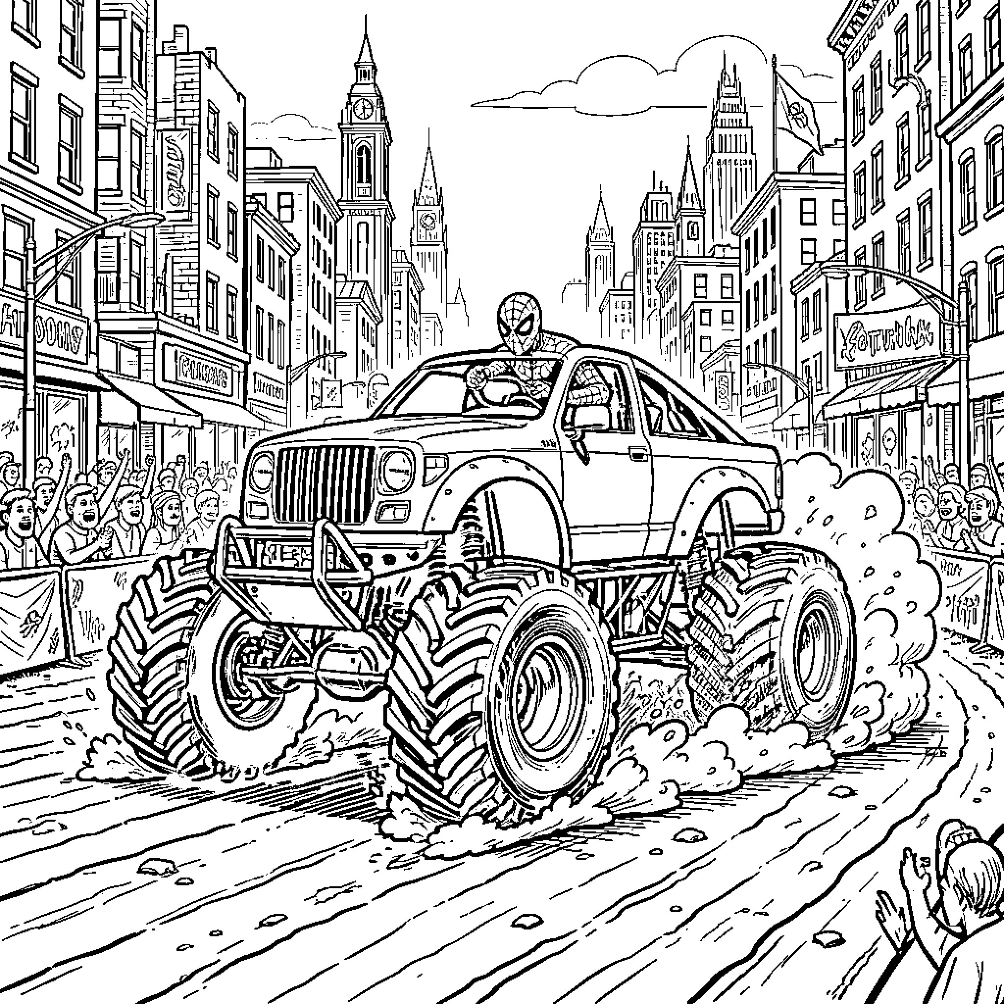 Spiderman driving a monster truck through the city Coloring Page (free black-and-white line drawing printable PDF for all, from beginners to advanced learners, including children, teens, adults, and seniors)