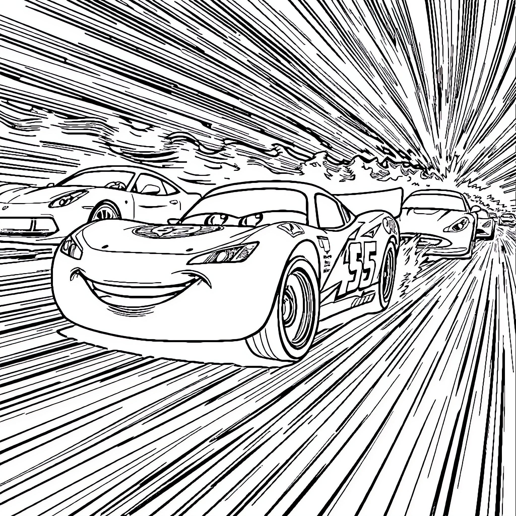 Flash McQueen racing fast with other cars Coloring Page (free black-and-white line drawing printable PDF for all, from beginners to advanced learners, including children, teens, adults, and seniors)