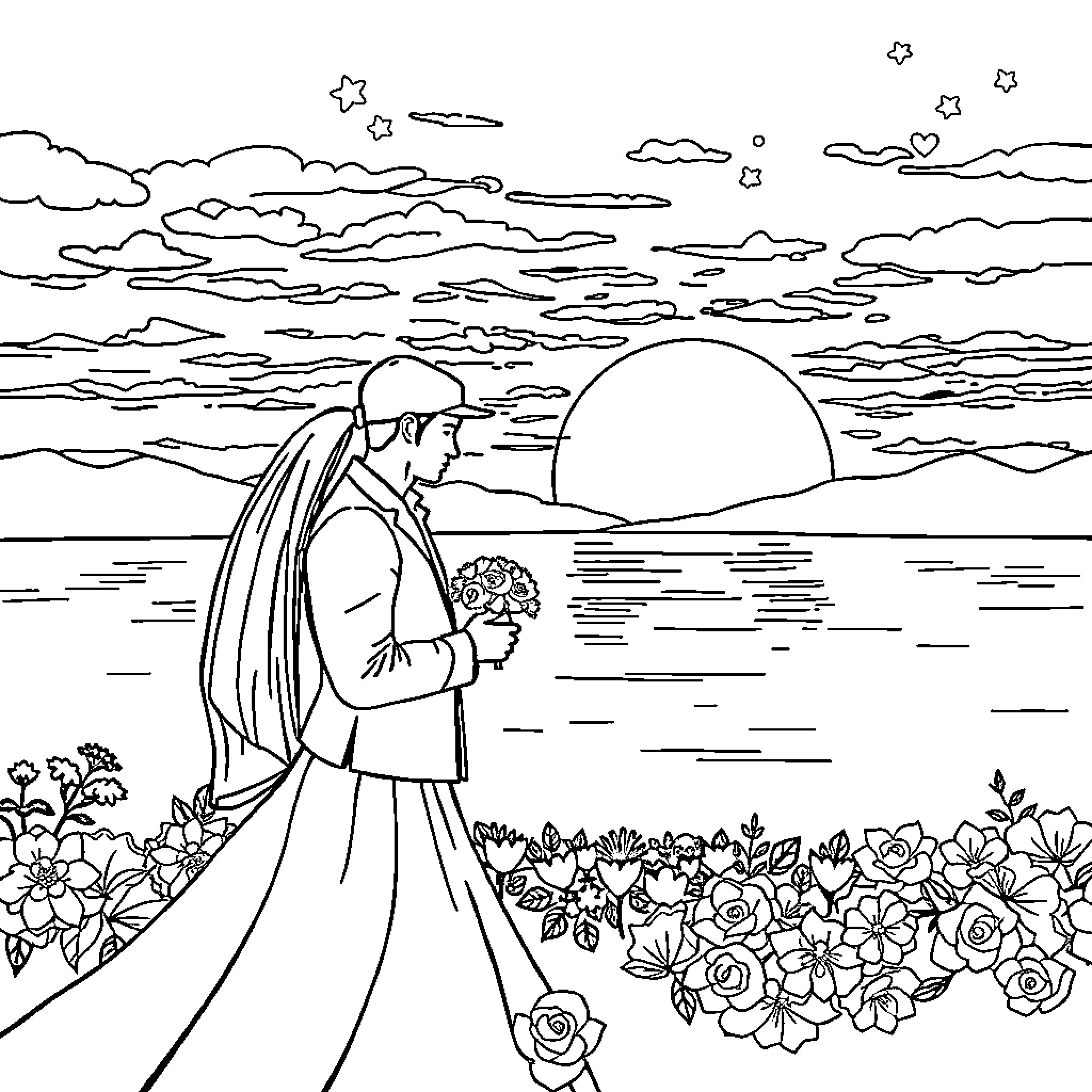 Hunter enjoying a romantic sunset with flowers Coloring Page (free black-and-white line drawing printable PDF for all, from beginners to advanced learners, including children, teens, adults, and seniors)